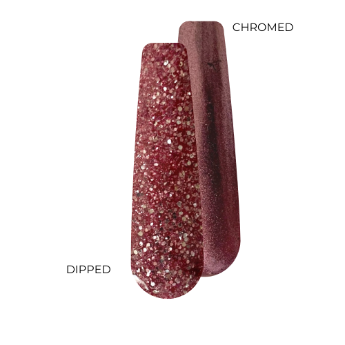 Two nail swatches showing garnet red chrome dip powder; one with fine glitter and one smooth chrome finish.
