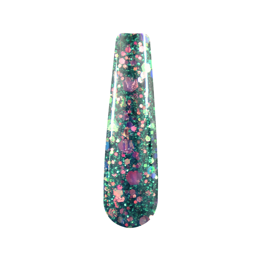 Nail tip with chunky green and multicolor glitter, including pink hexagons in dip powder design.