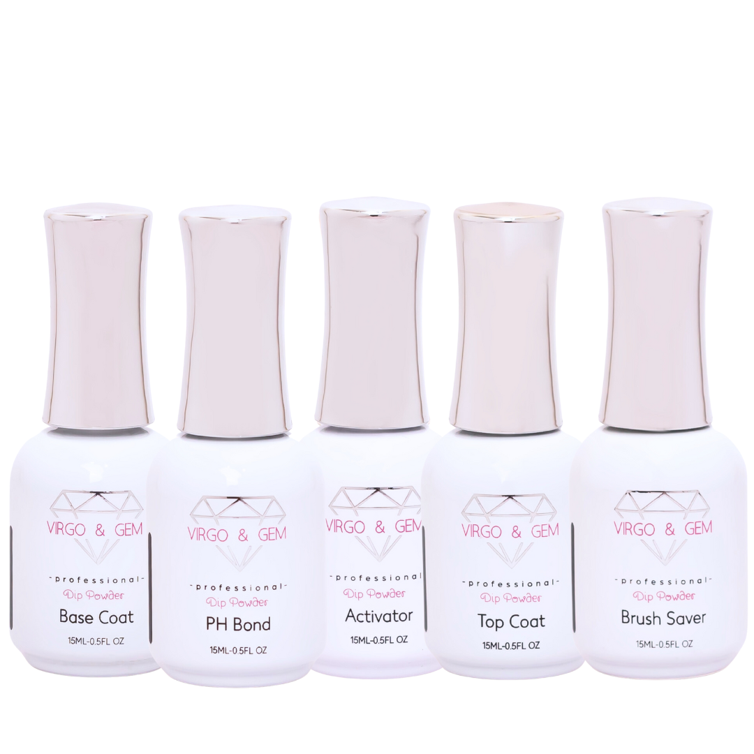 Set of five white dip liquid bottles with pink-tinted labels and curved caps, including base coat, PH bond, activator, top.