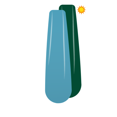 Blue to green color-changing nail dip powder swatch with sun icon showing UV effect.