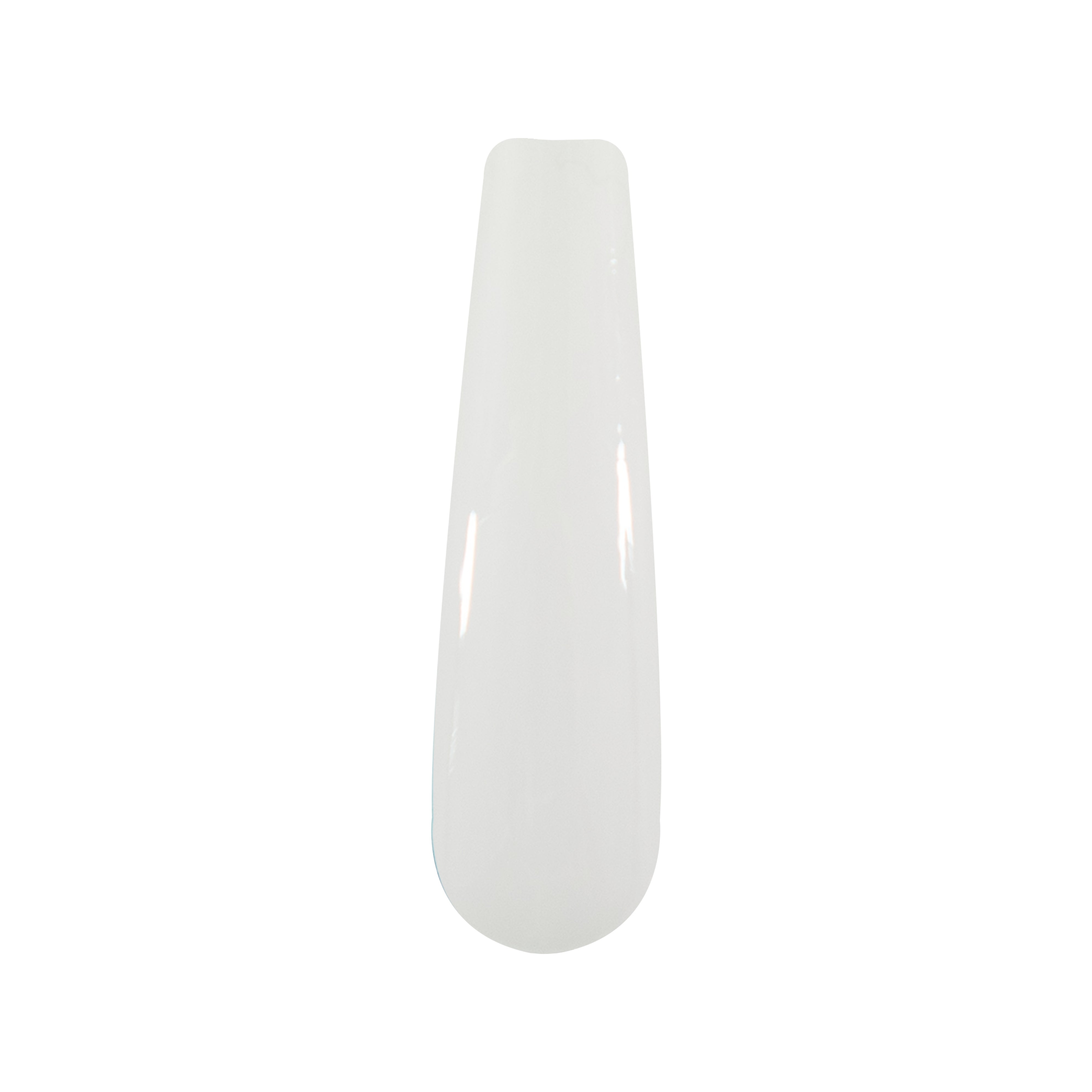 Glossy solid white nail dip powder swatch on elongated nail tip display.