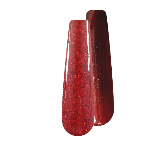 Two glossy red chrome nail swatches with fine glitter and reflective shimmer finish.