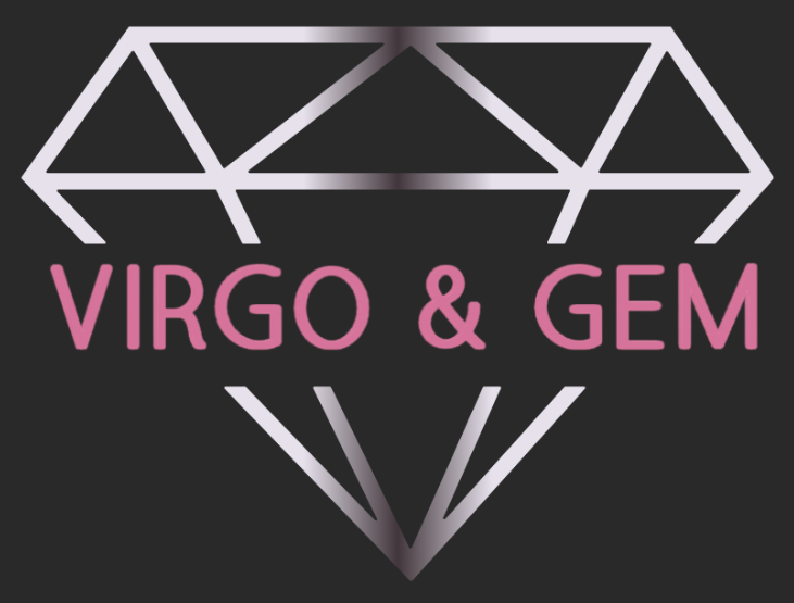 silver and pink virgo and gem logo on a black bacground