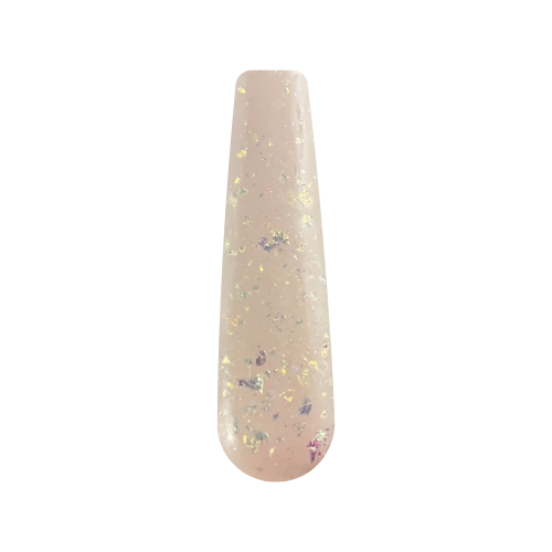 Nude beige dip powder nail sample with iridescent chameleon flake accents.