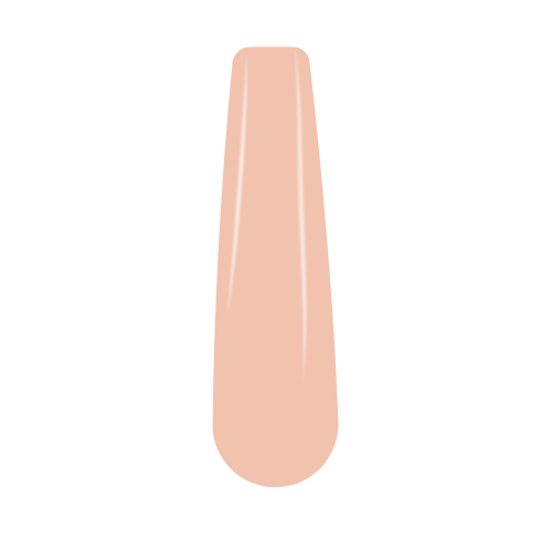 Soft nude pink nail swatch with glossy finish on a long coffin-shaped tip.