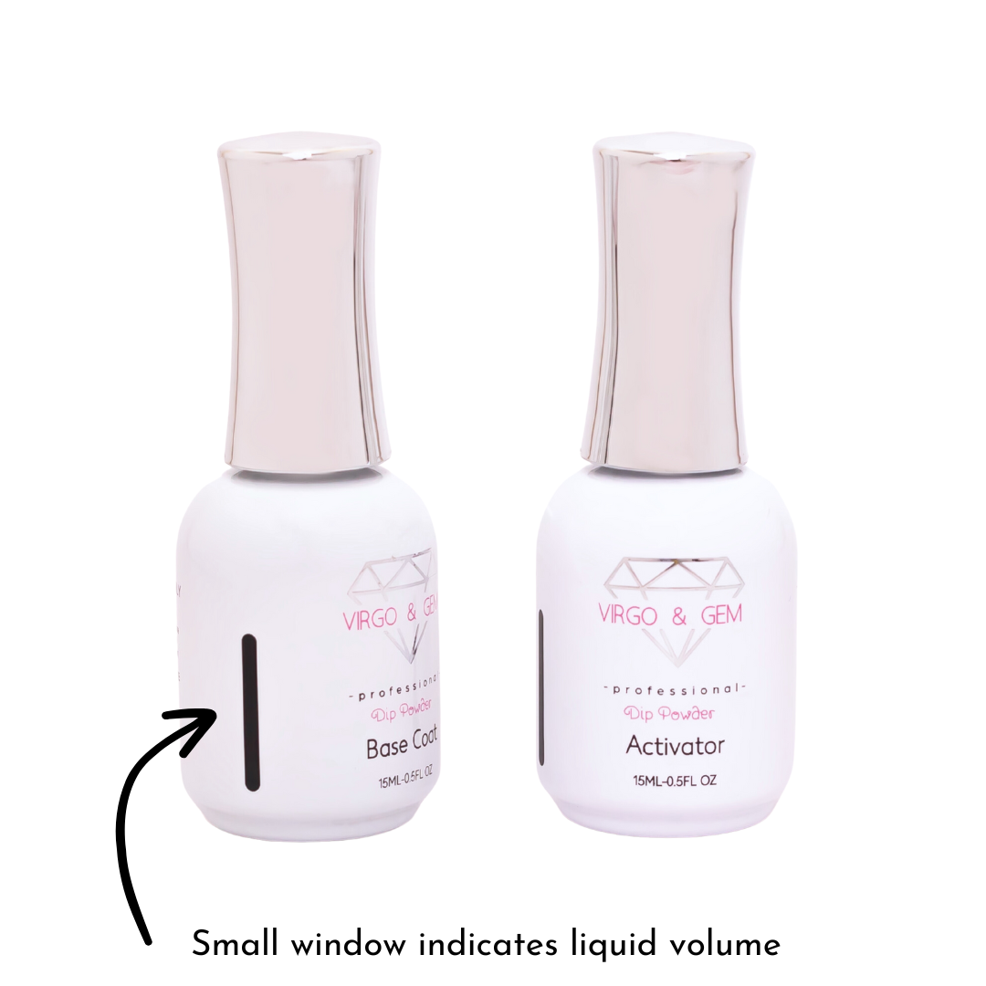 Set of two white dip liquid bottles with metallic pink caps, labeled Base Coat and Activator, each showing a small liquid.
