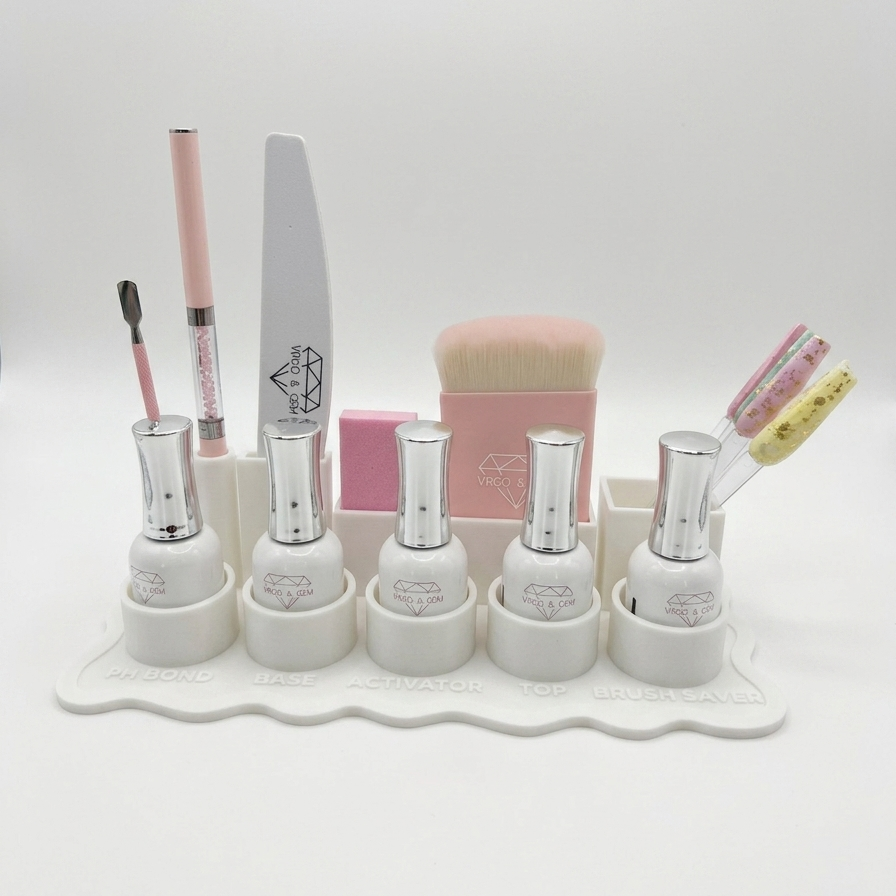 Set of nail polish bottles and tools on a white stand against a light gray background