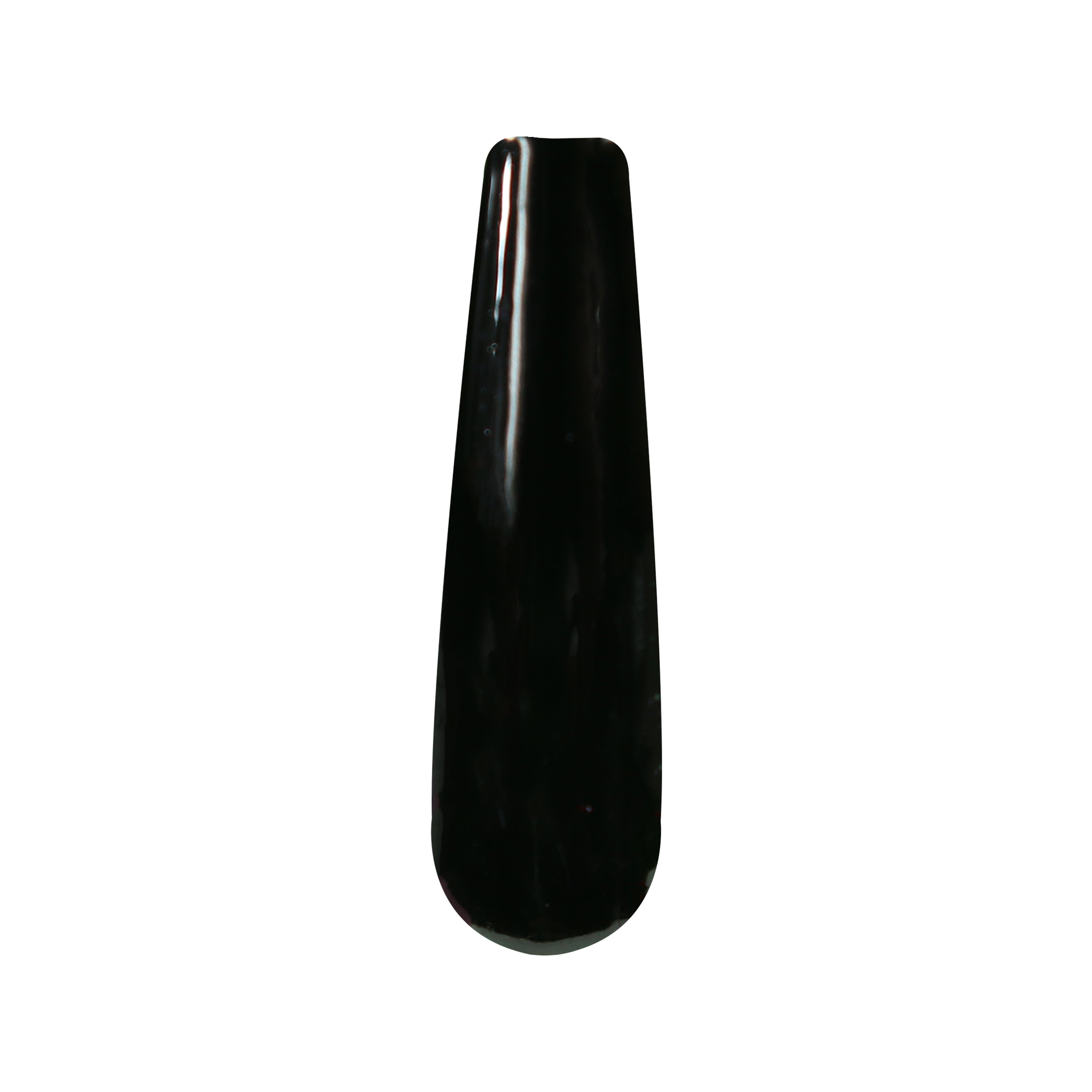 Glossy solid black dip powder nail swatch on a long, rounded tip.