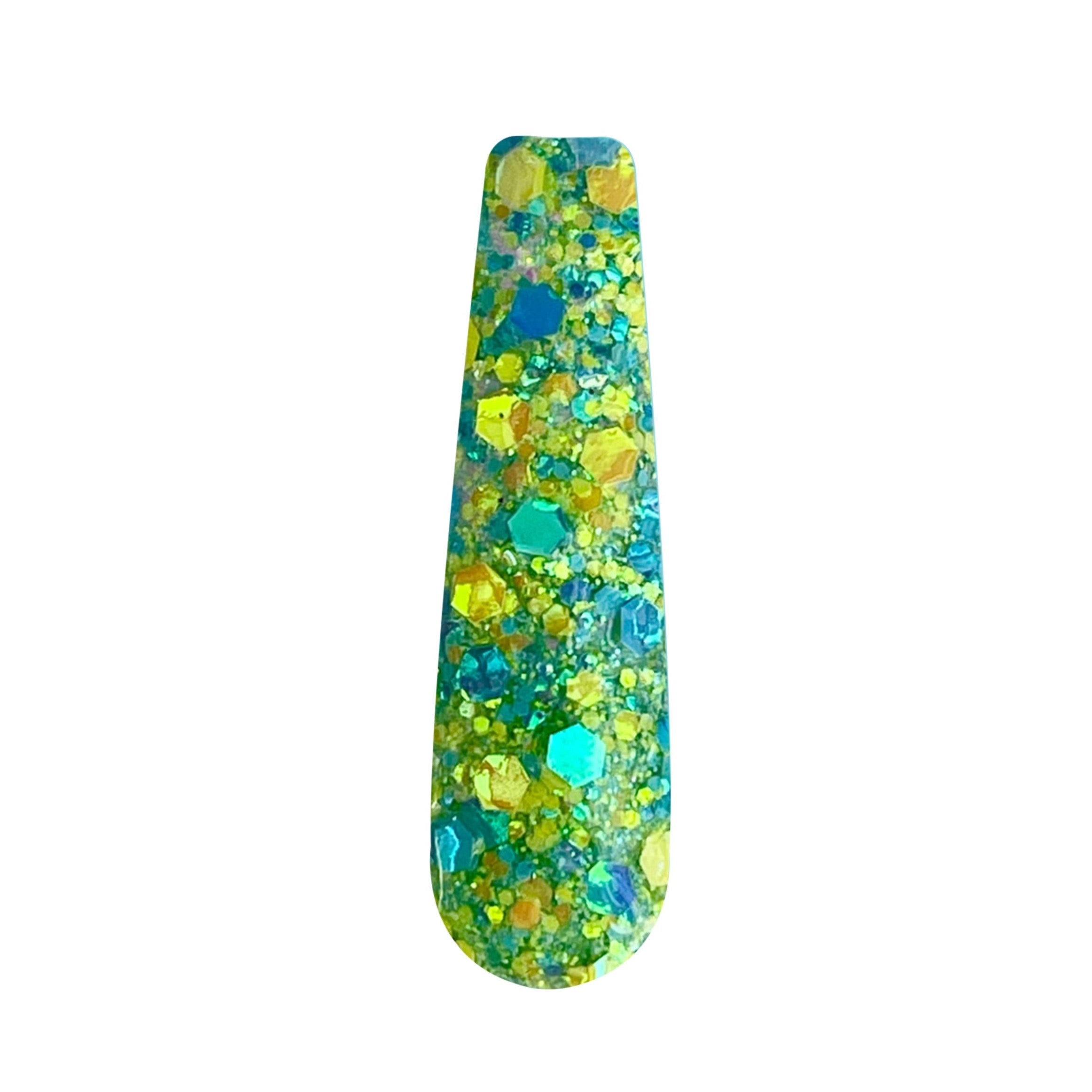 Nail tip with chunky multicolor glitter in blue, green, and yellow on glossy surface.