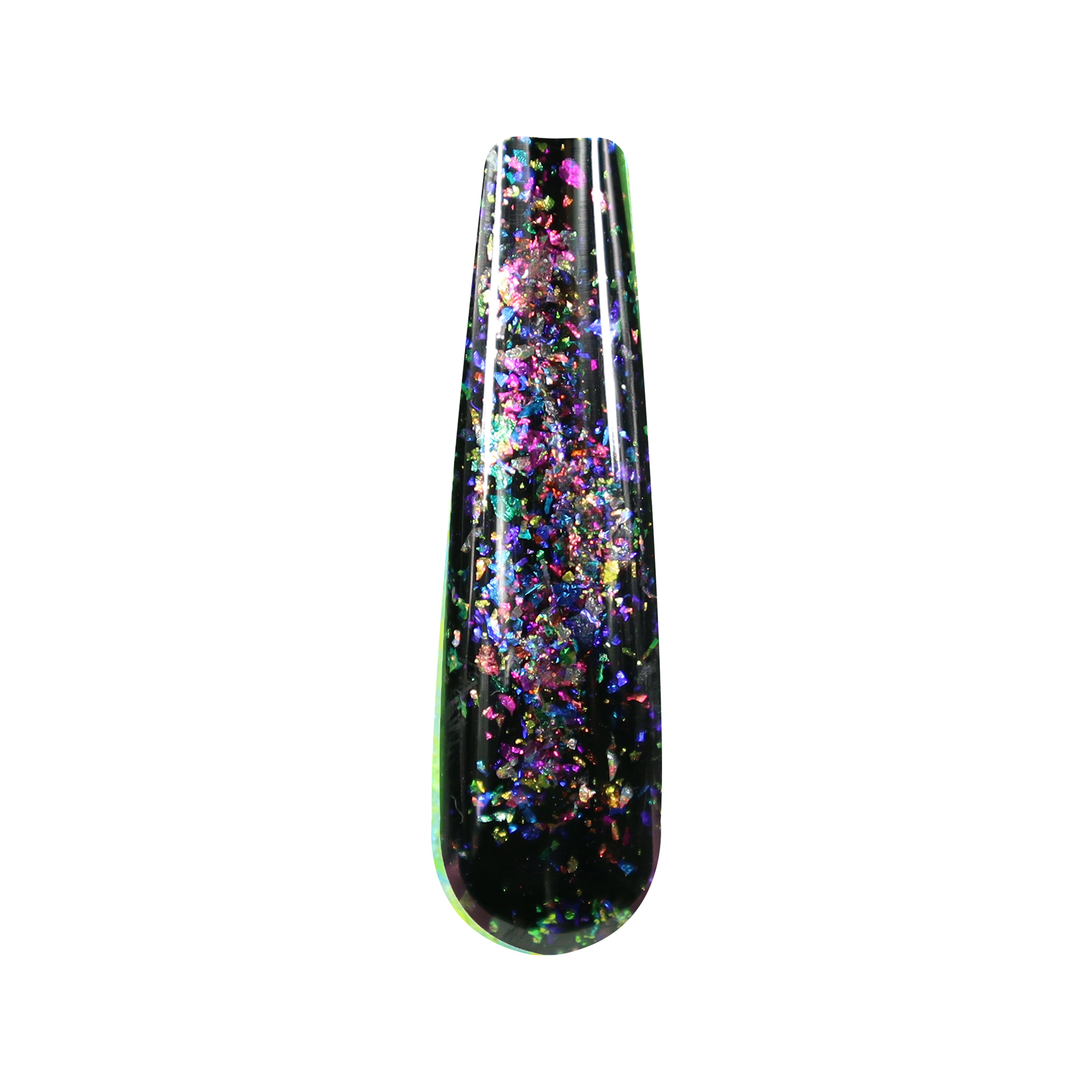 Black chameleon flake dip powder nail swatch with multicolor iridescent flakes.