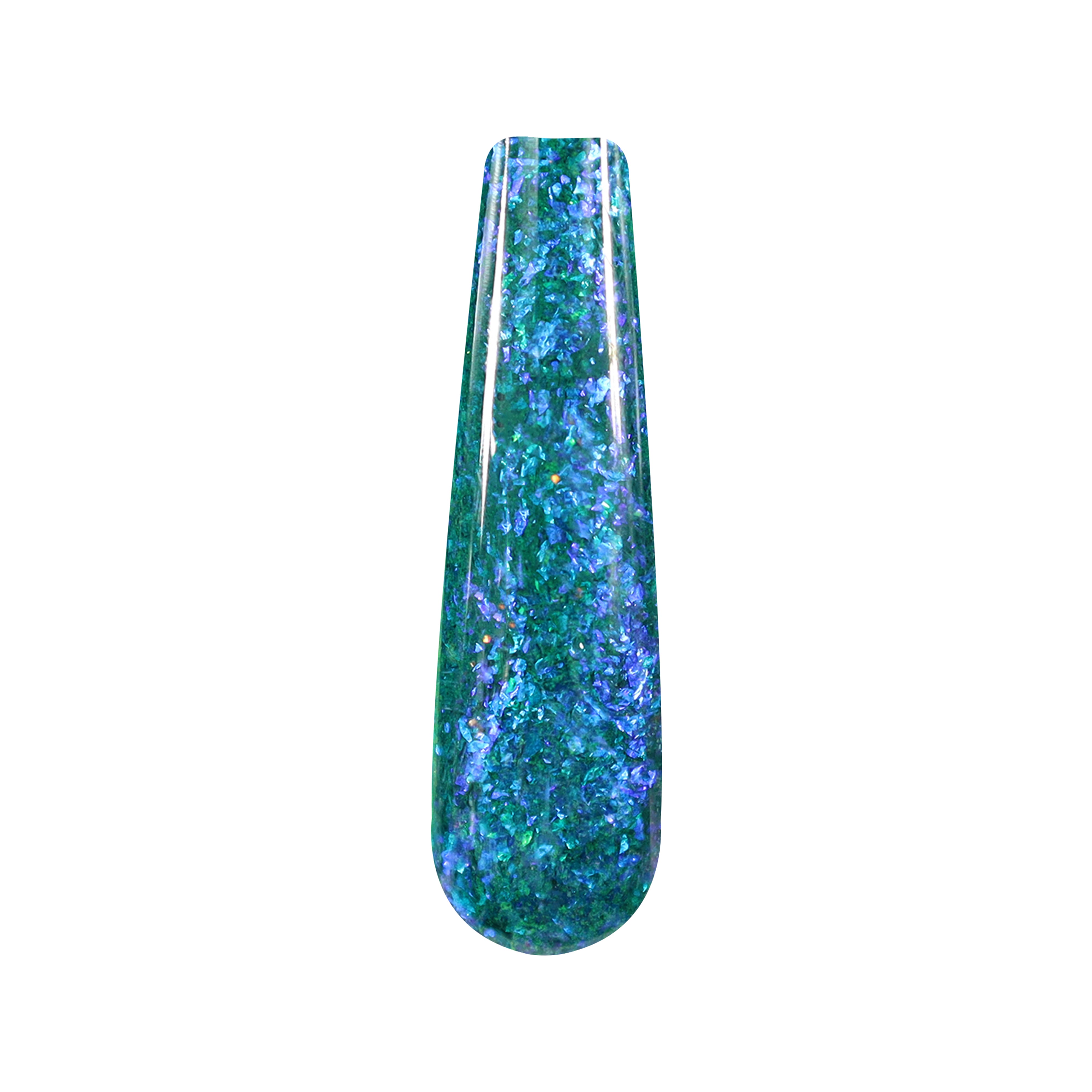 Teal dip powder nail swatch with blue and multicolor chameleon flakes and glitter.