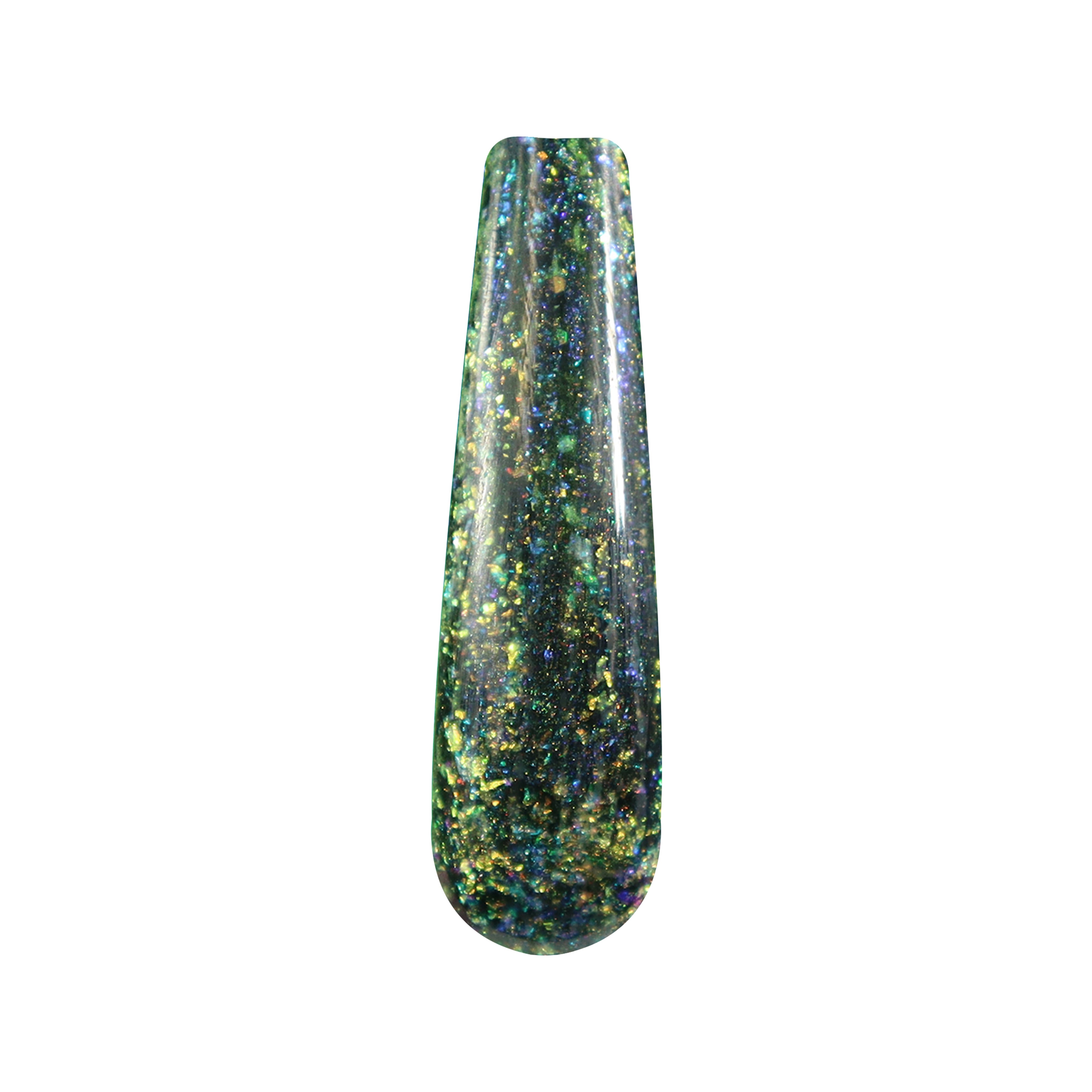 Black nail polish with multicolor chameleon flakes and shimmer in a glossy finish.