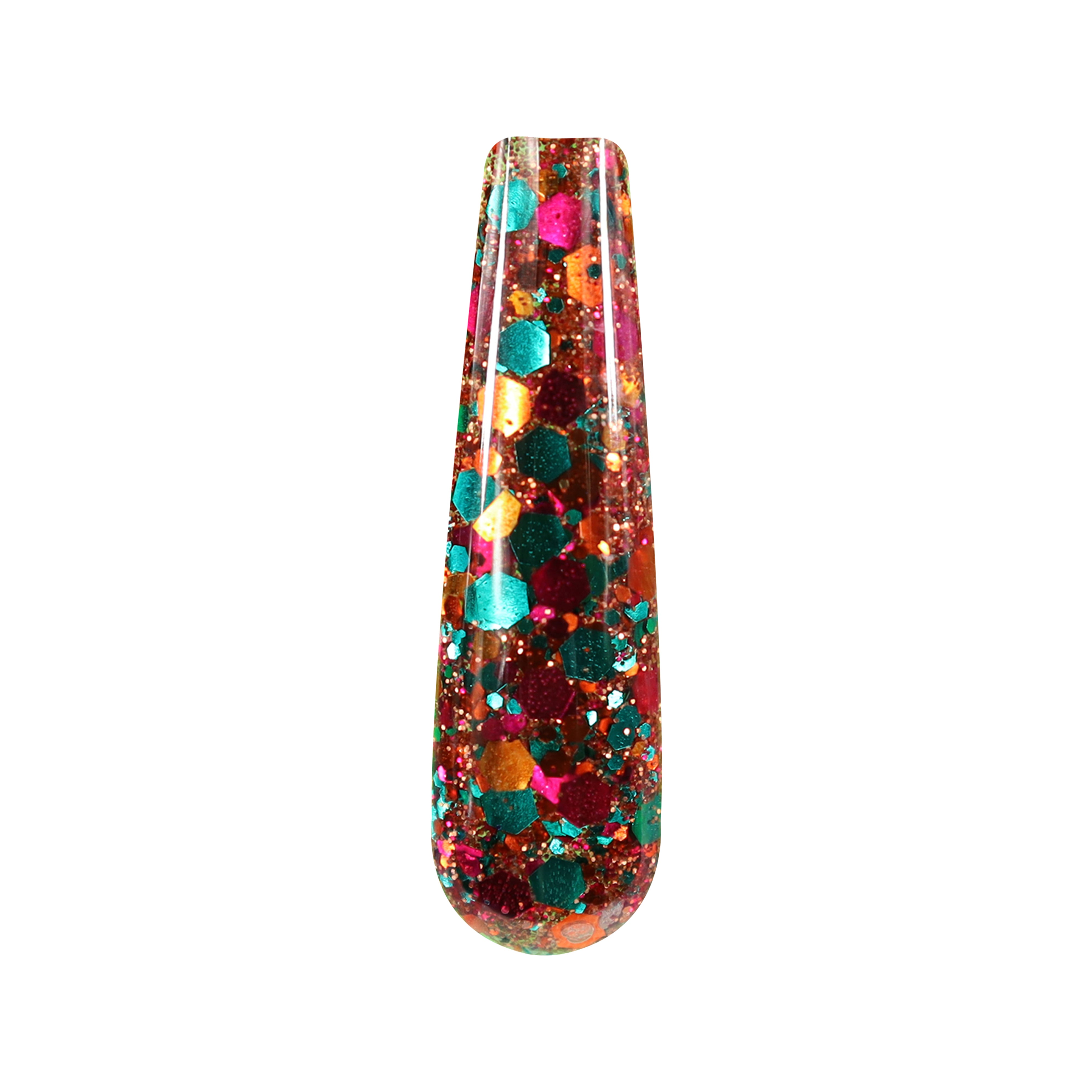 Chunky multicolor glitter nail swatch with orange, pink, and teal sparkles in glossy finish.