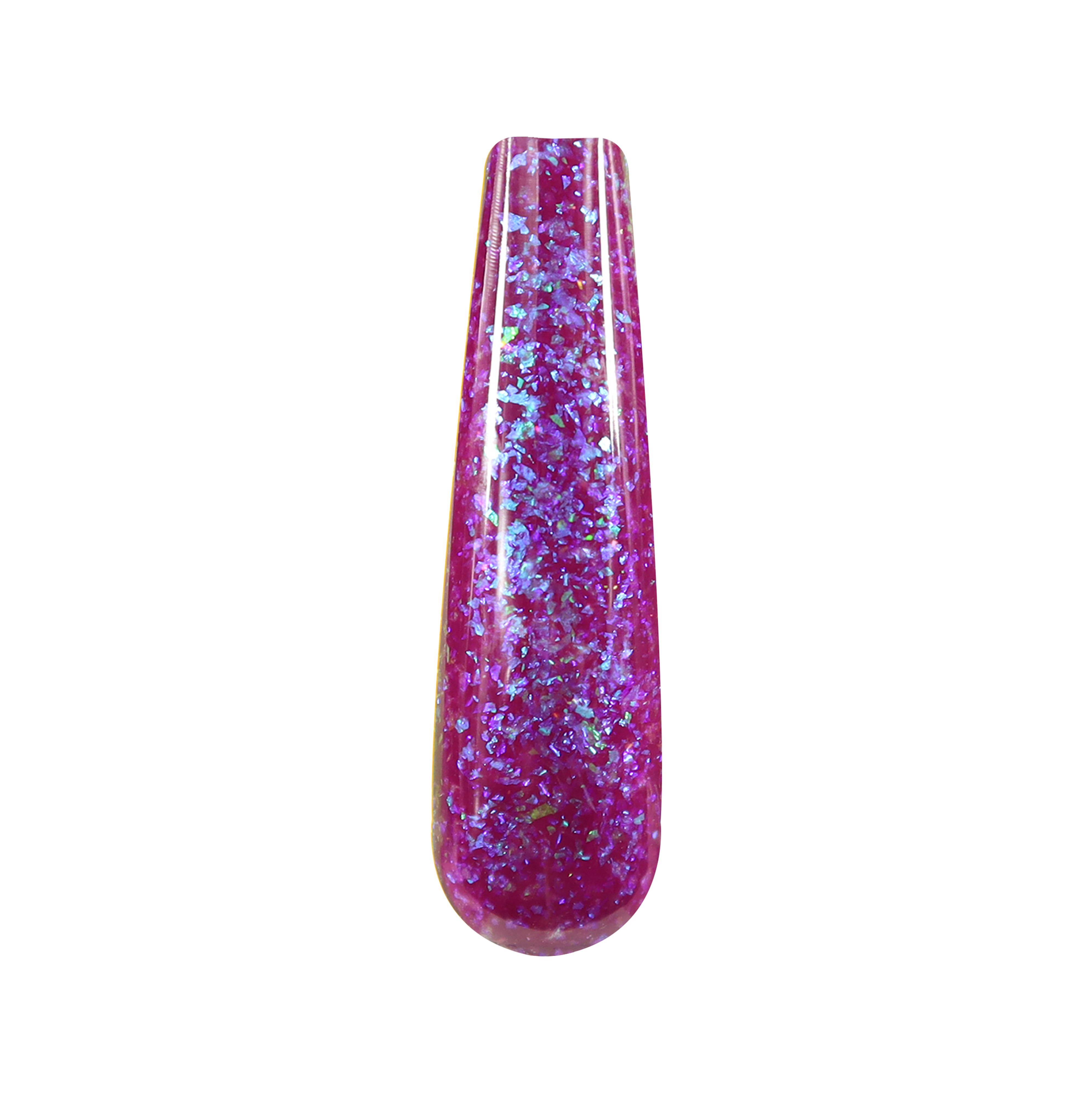 Purple multicolor glitter dip powder nail swatch with chamleon flakes.