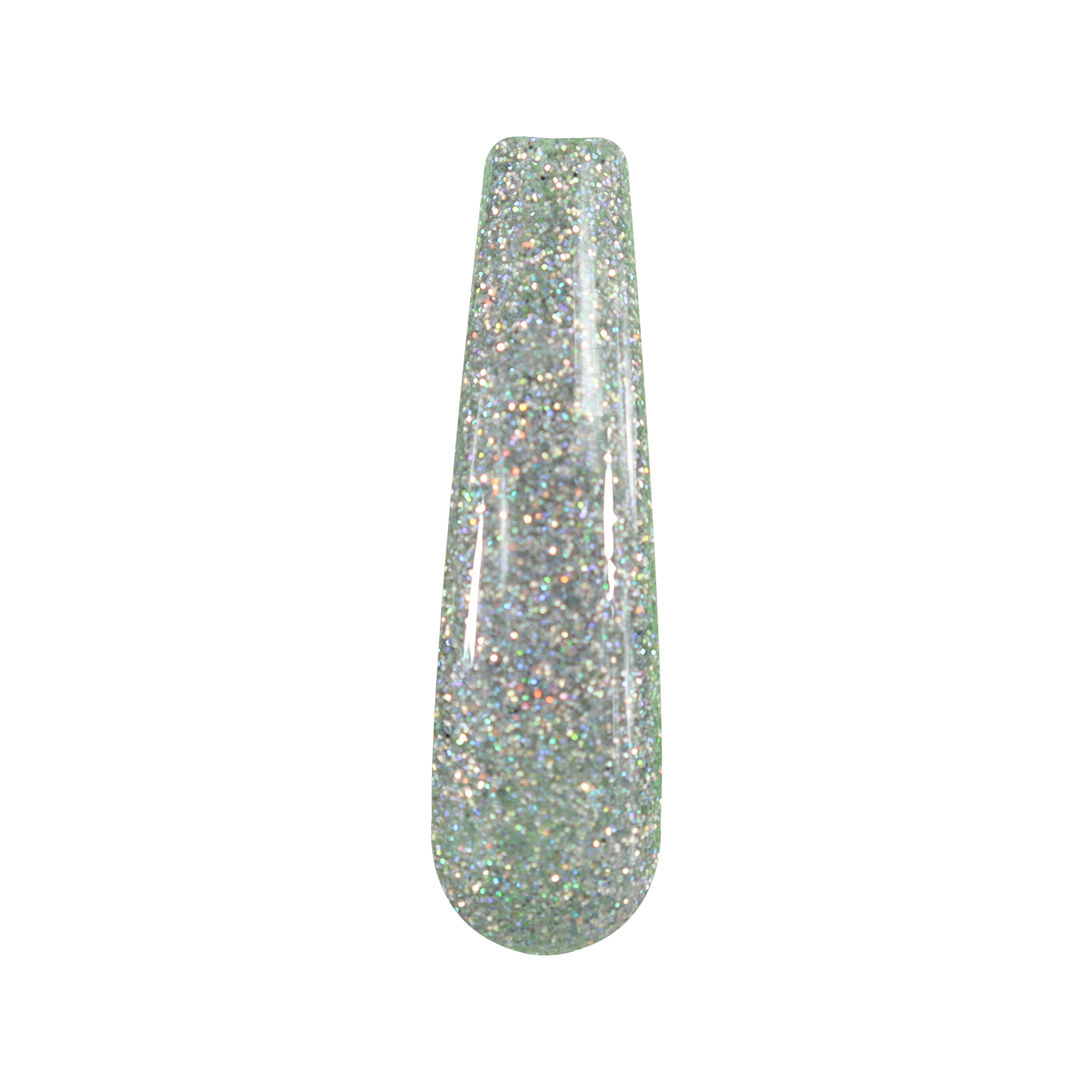 Silver holographic fine glitter dip powder nail tip with reflective sparkle.