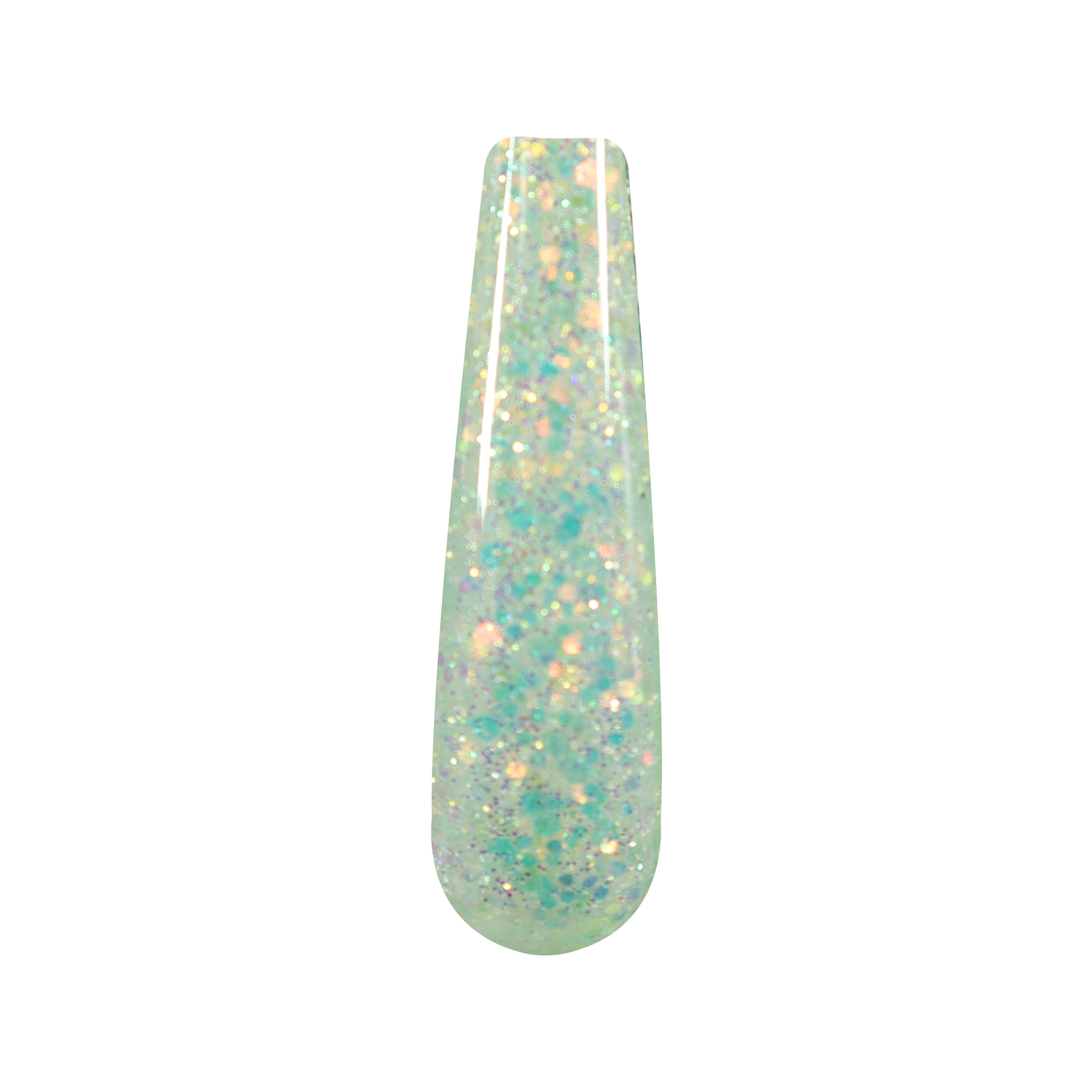 Long tapered nail swatch with chunky iridescent white glitter over a translucent base.