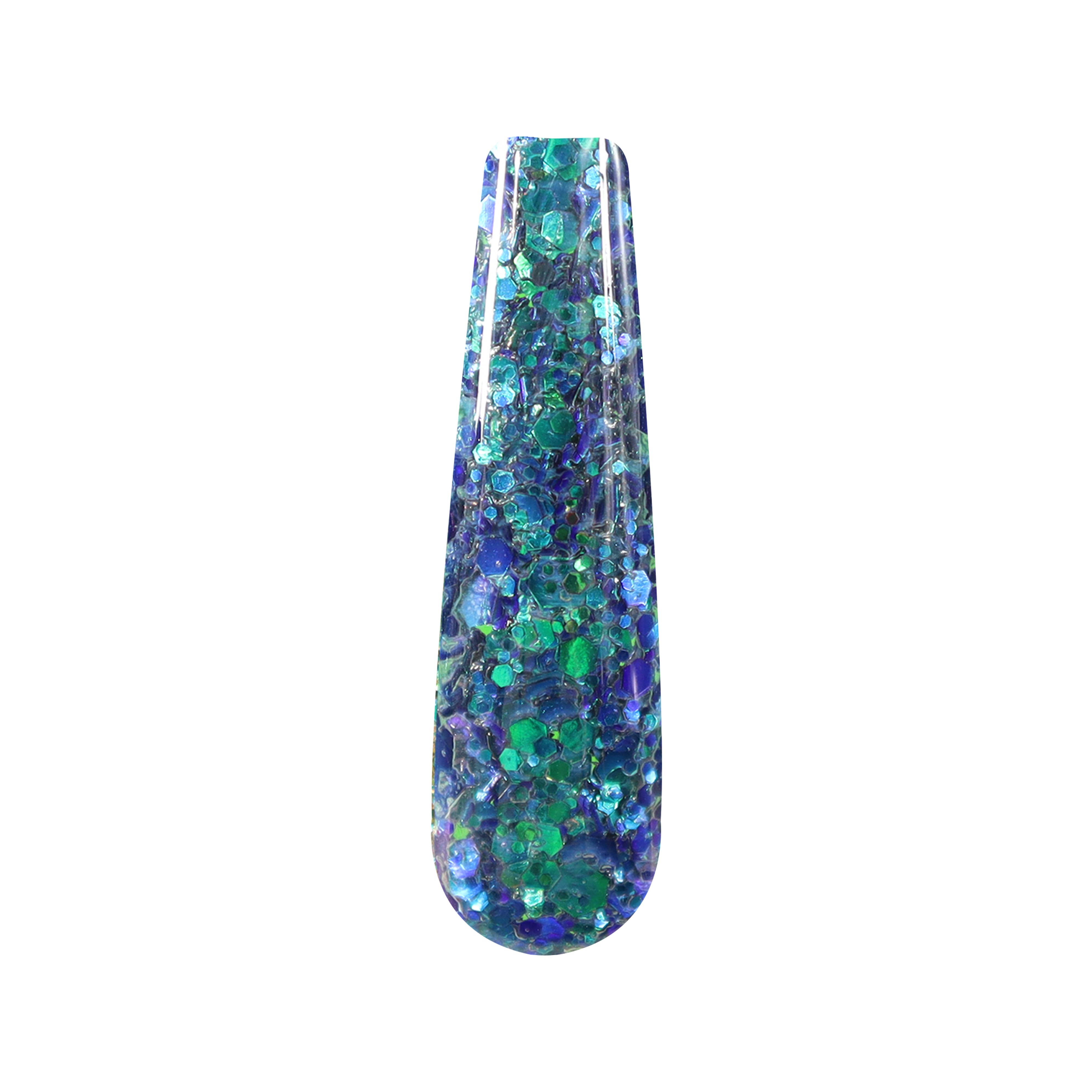 Blue and green chunky glitter nail dip powder swatch with sparkling effect.