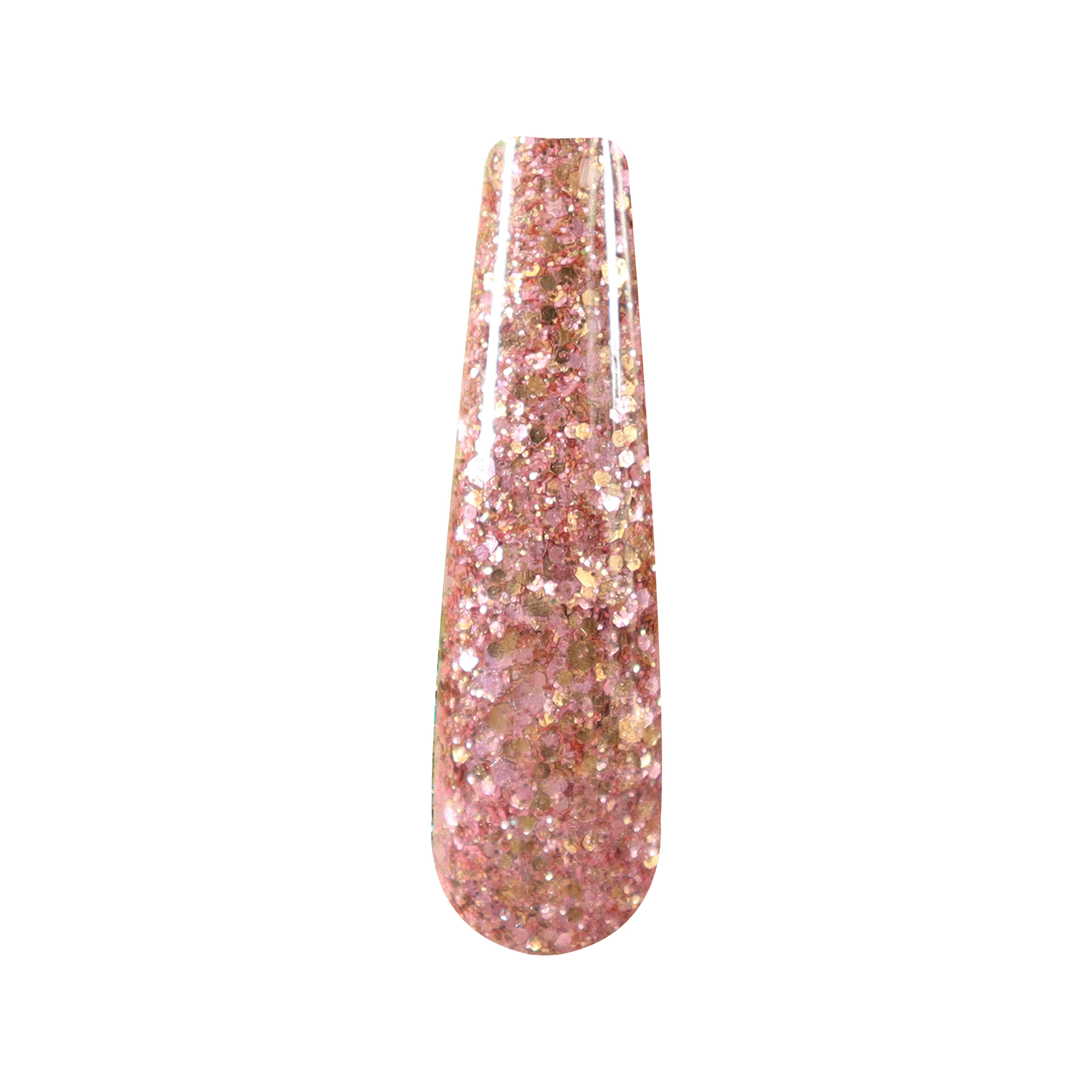 Pink and rose gold chunky glitter nail dip powder with a sparkling finish.