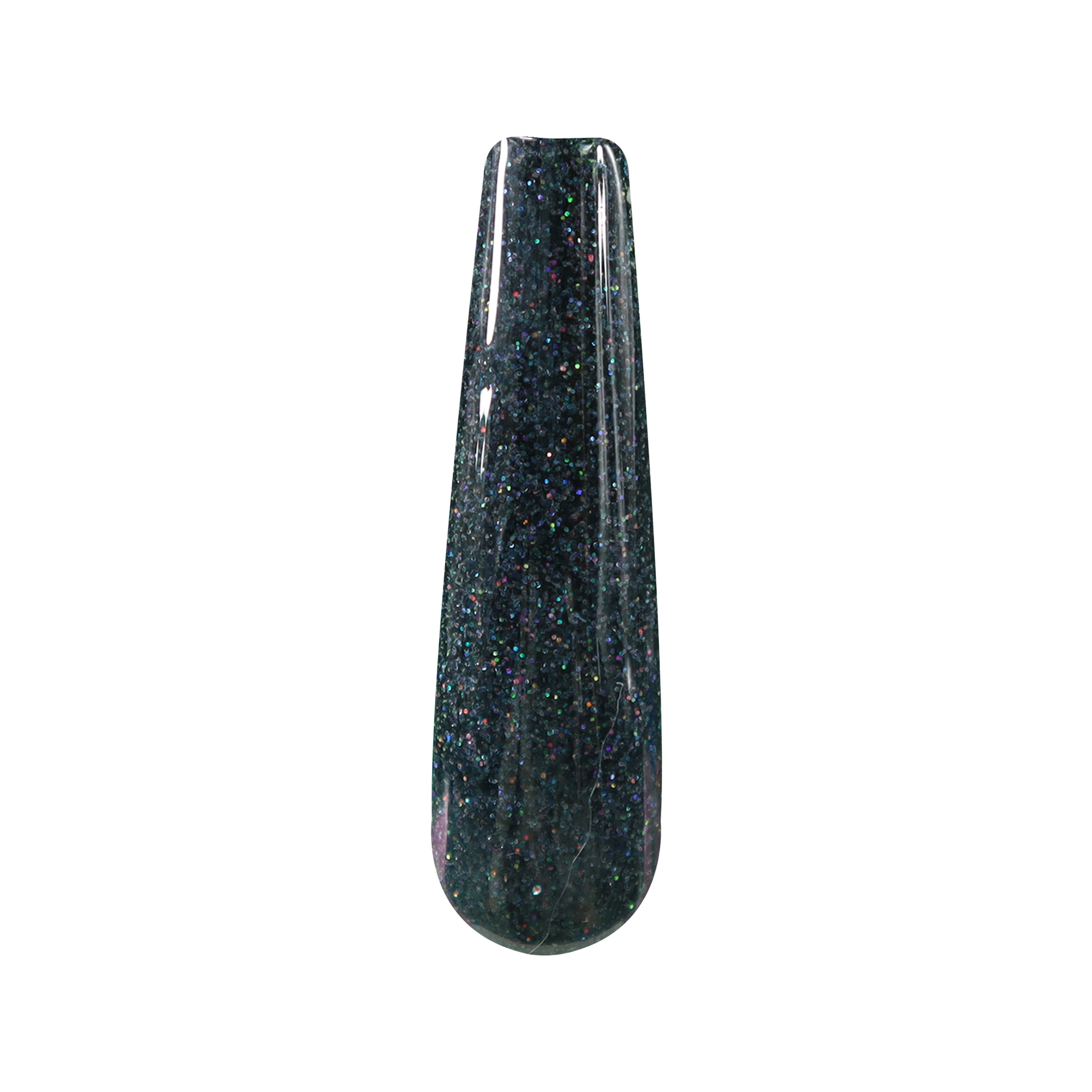Glossy black nail dip powder with fine holographic glitter sparkle on swatch stick.