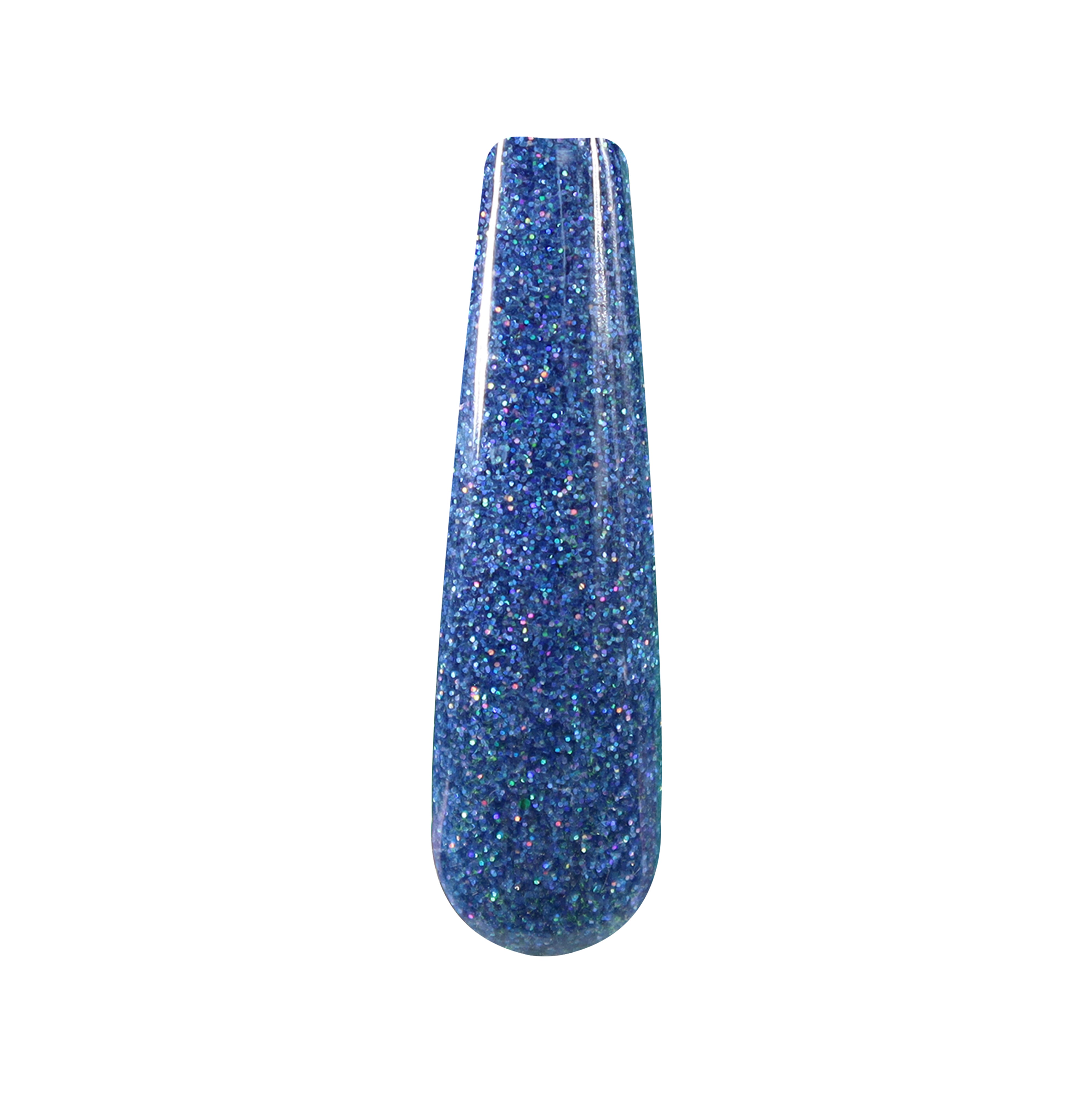 Holographic fine glitter nail polish swatch in deep blue with sparkling shimmer.