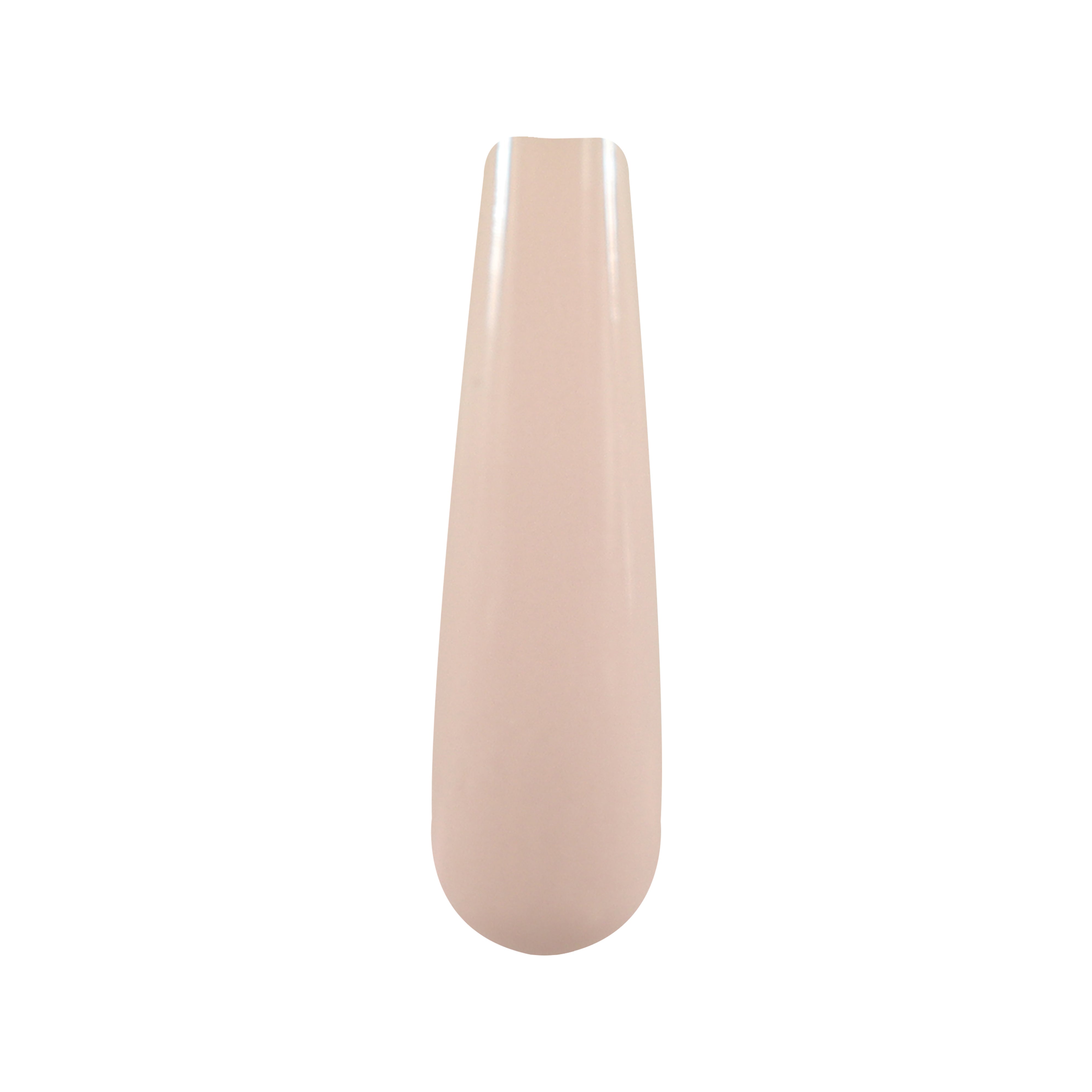 Long almond-shaped artificial nail tip in smooth beige nude color.