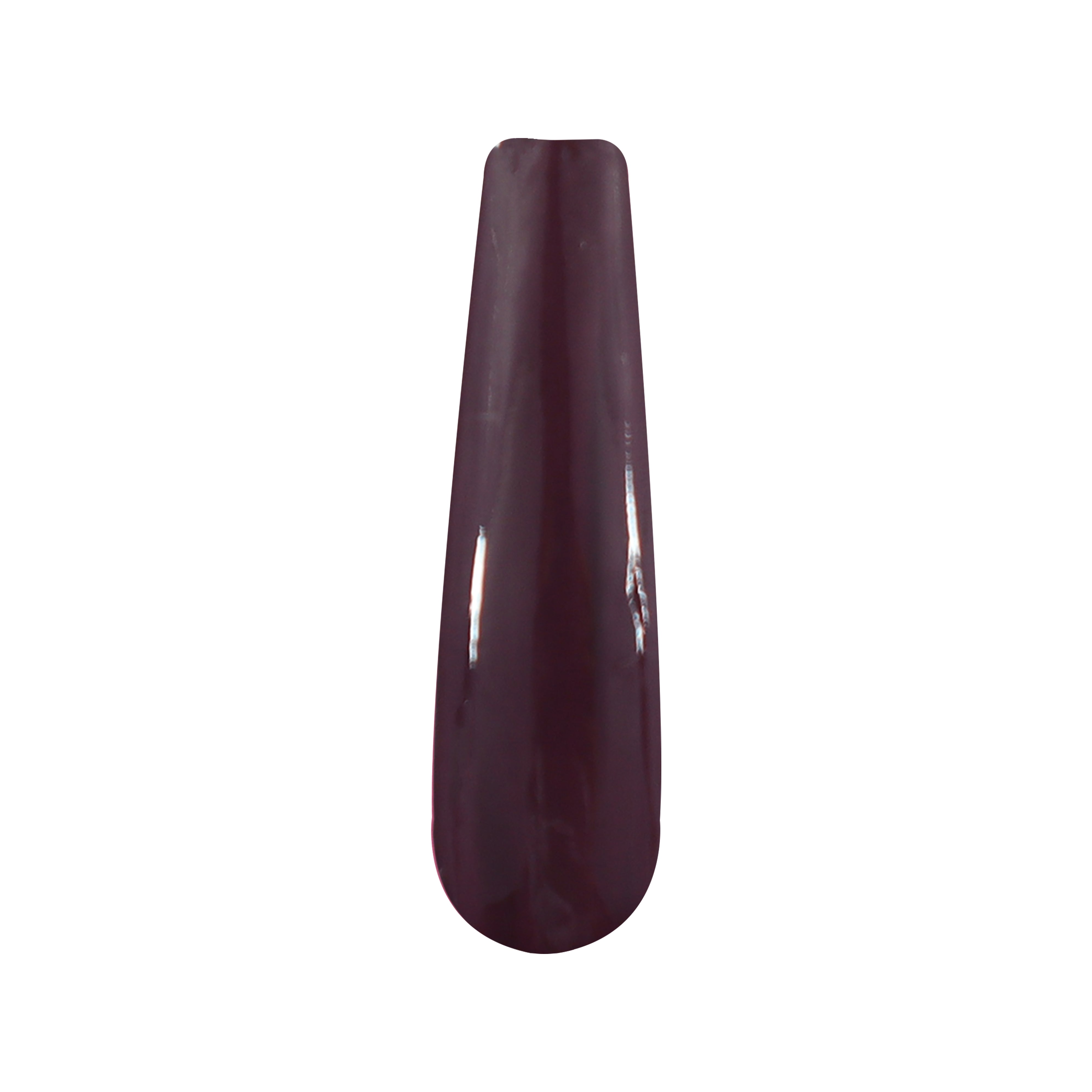 Glossy deep wine purple solid nail dip powder swatch on clear nail tip.