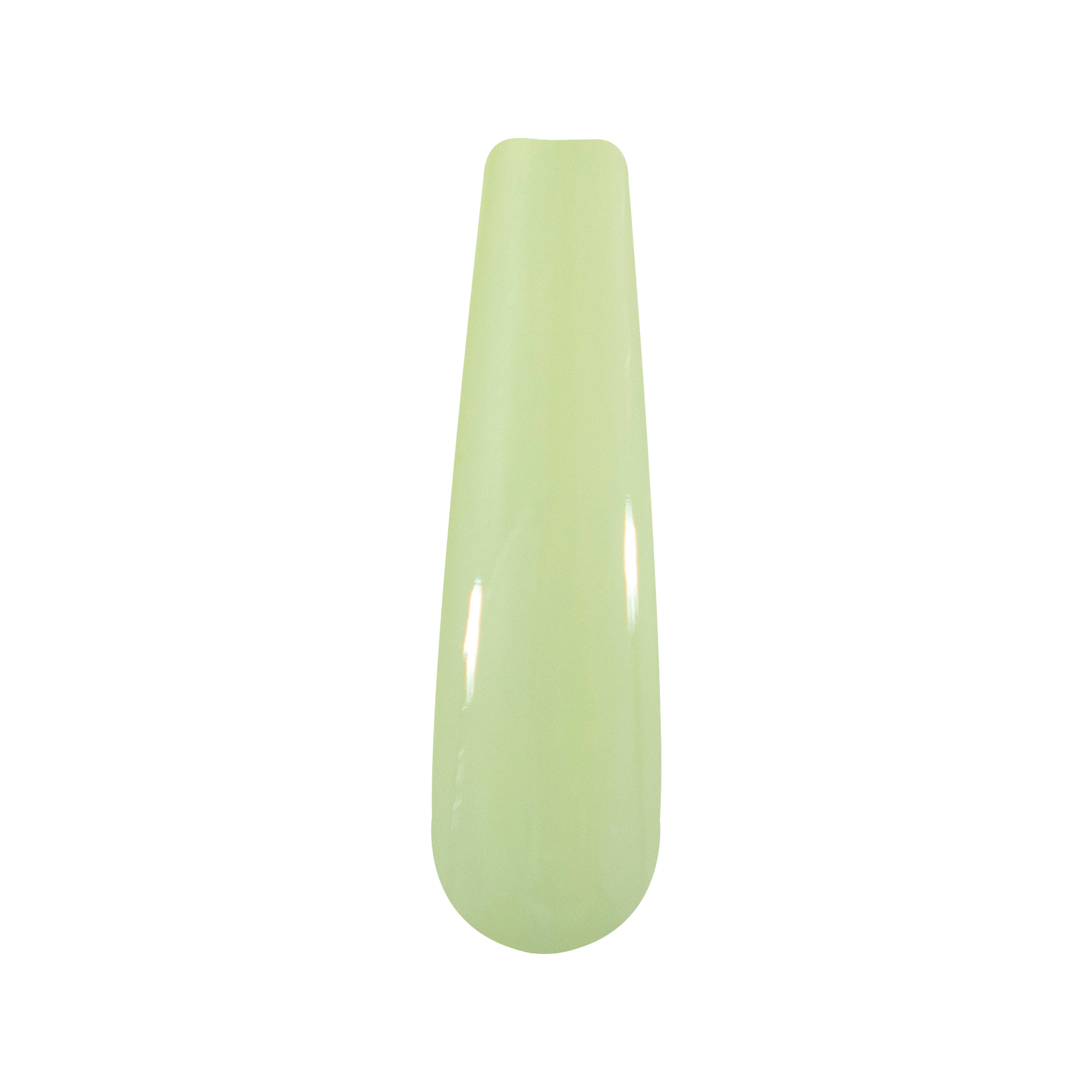 Glossy pistachio green nail dip powder swatch stick with rounded tip.