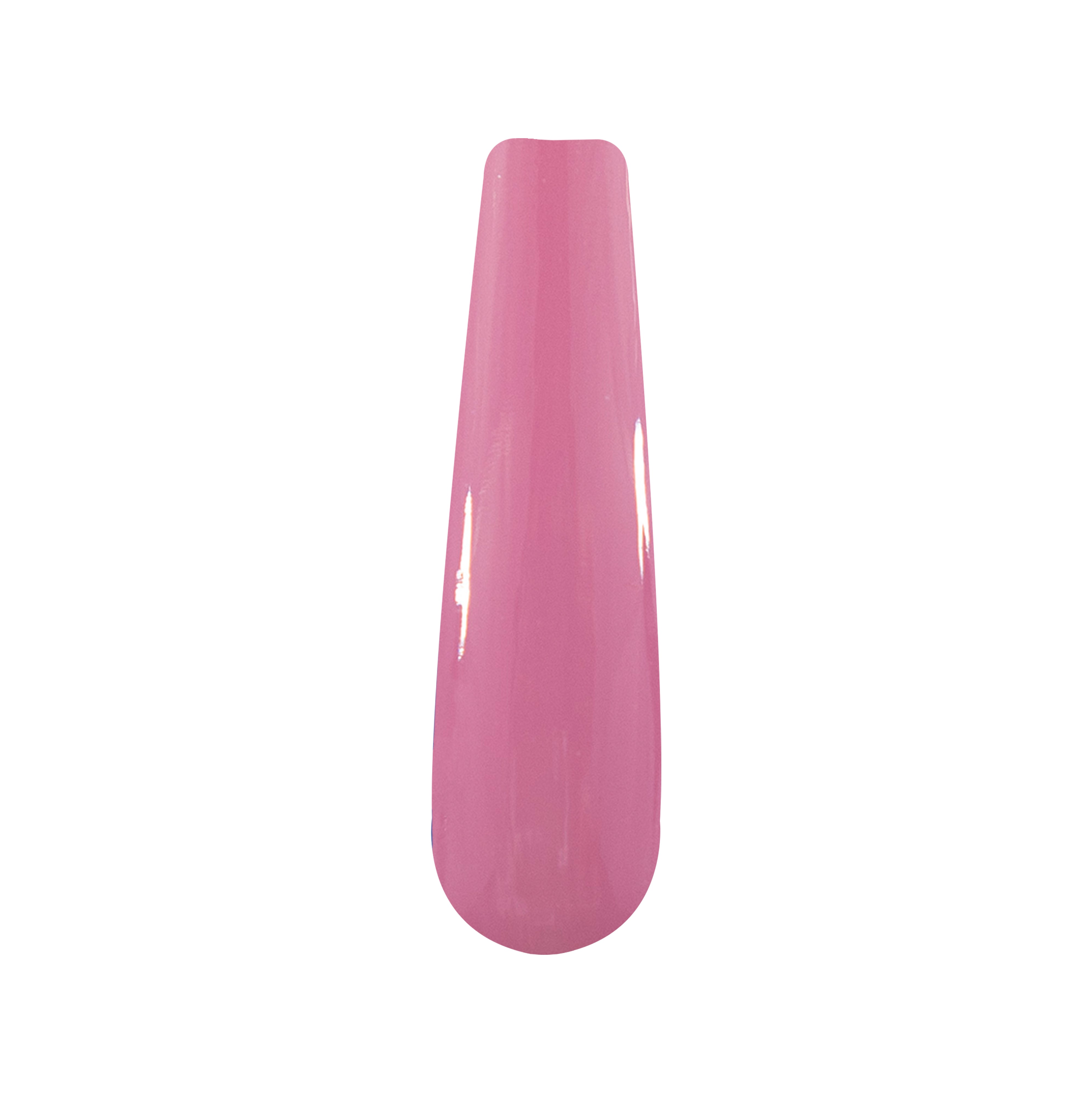 Glossy solid pink nail dip powder swatch with smooth, rounded tip.