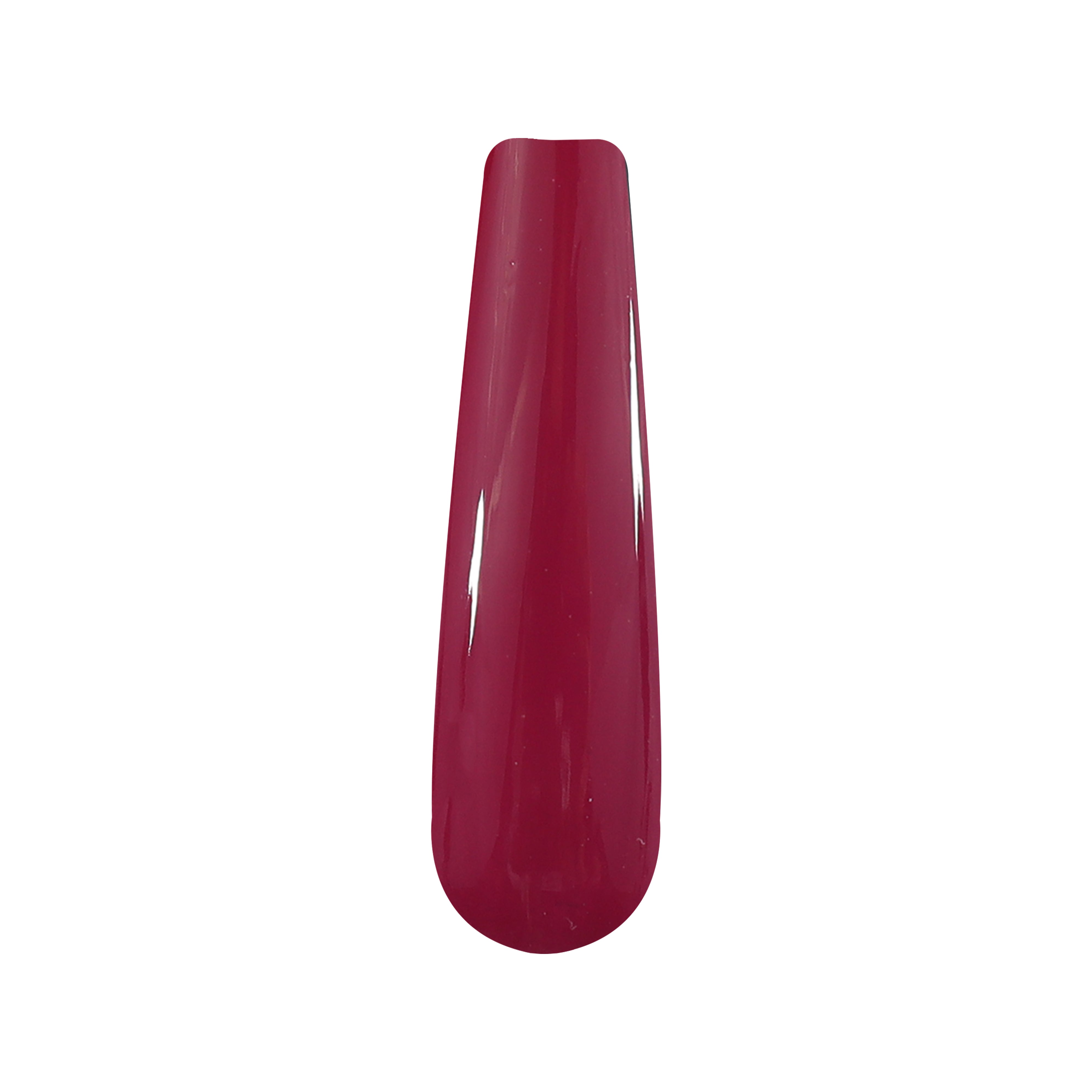 Deep pink solid nail dip powder swatch with glossy finish on elongated nail tip.