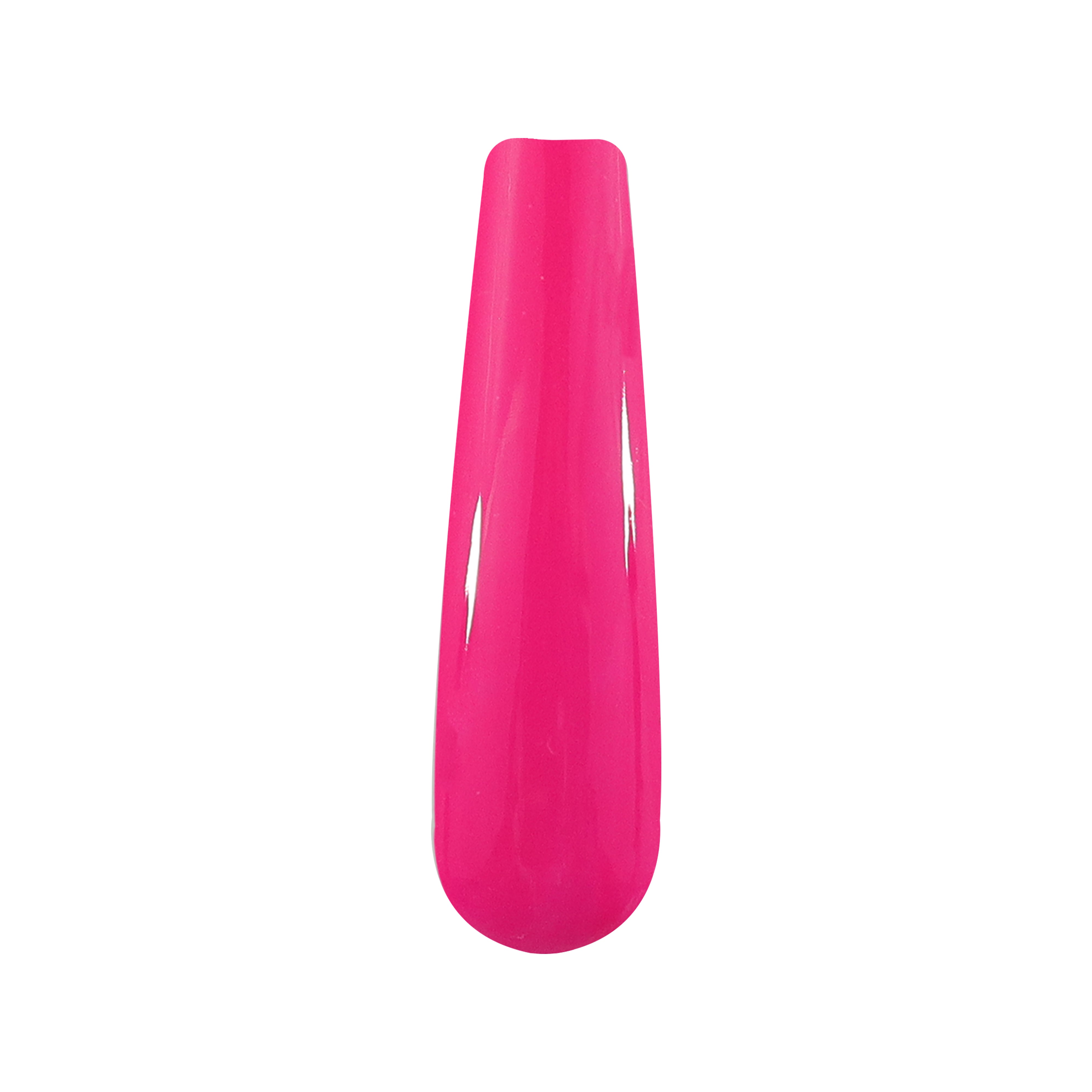 Bright neon pink long oval nail tip with glossy finish.