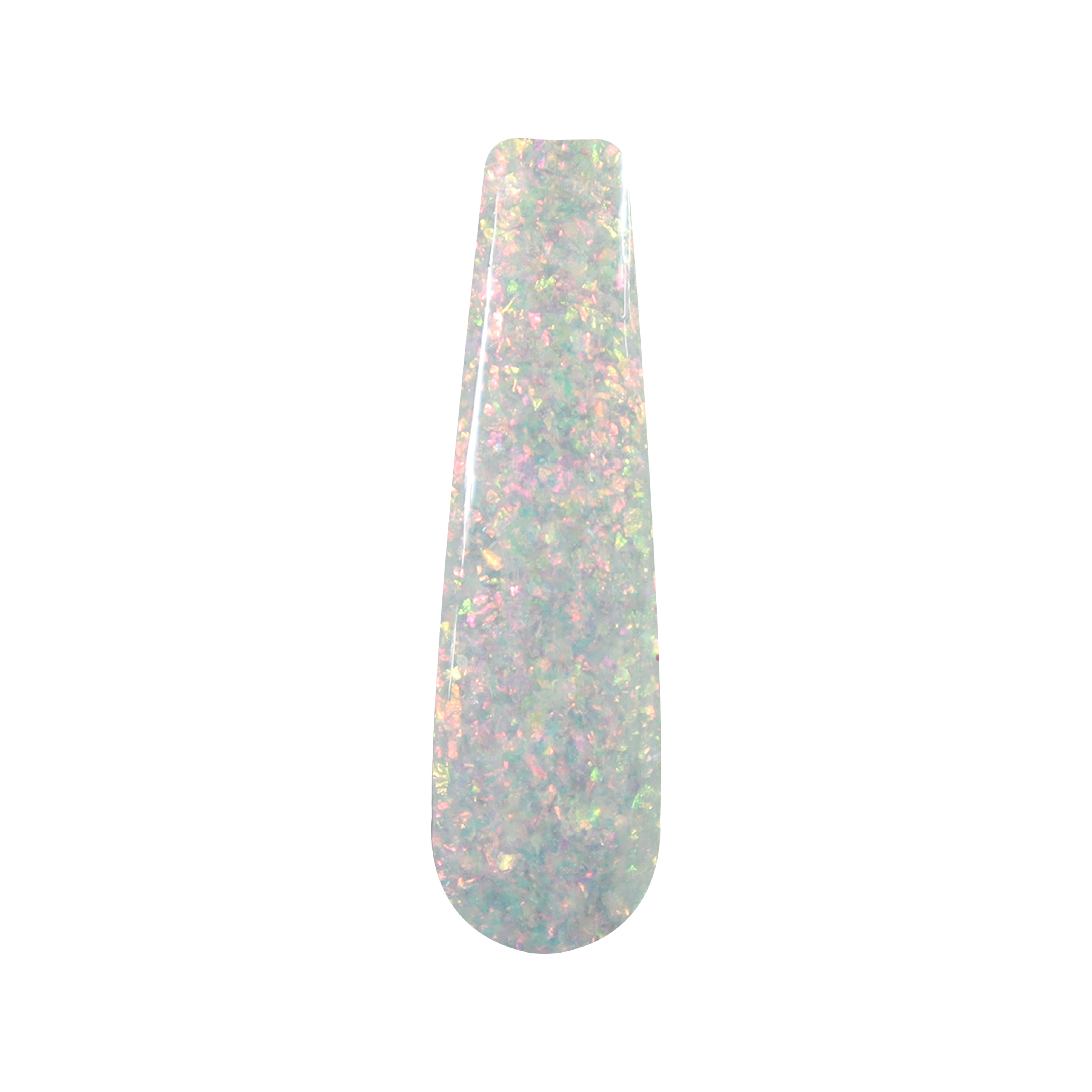 Clear dip powder nail sample with iridescent chameleon flake glitter showing pink, green, and blue hues.