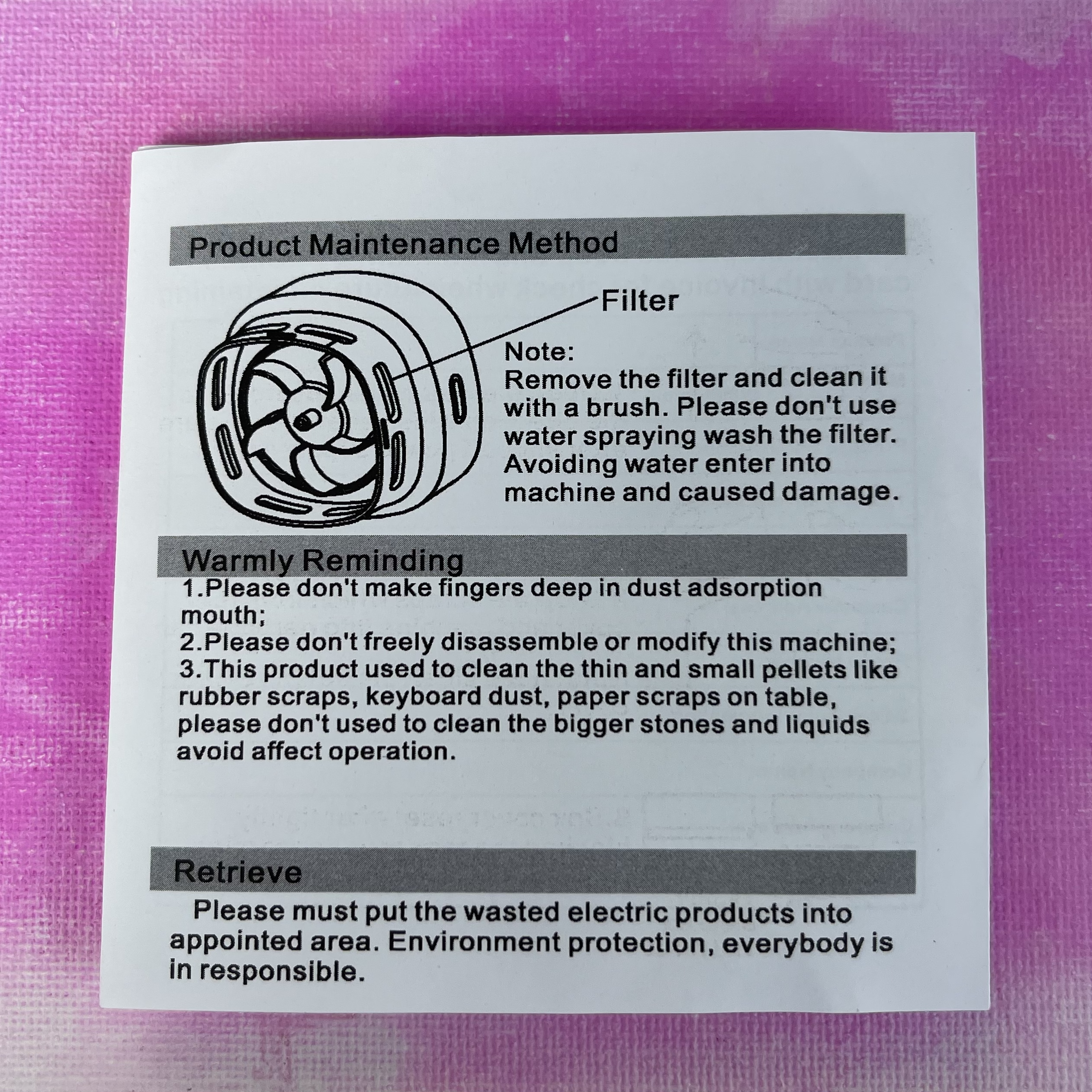 Mini desk vacuum maintenance instructions card with black text and simple line drawings on white paper.