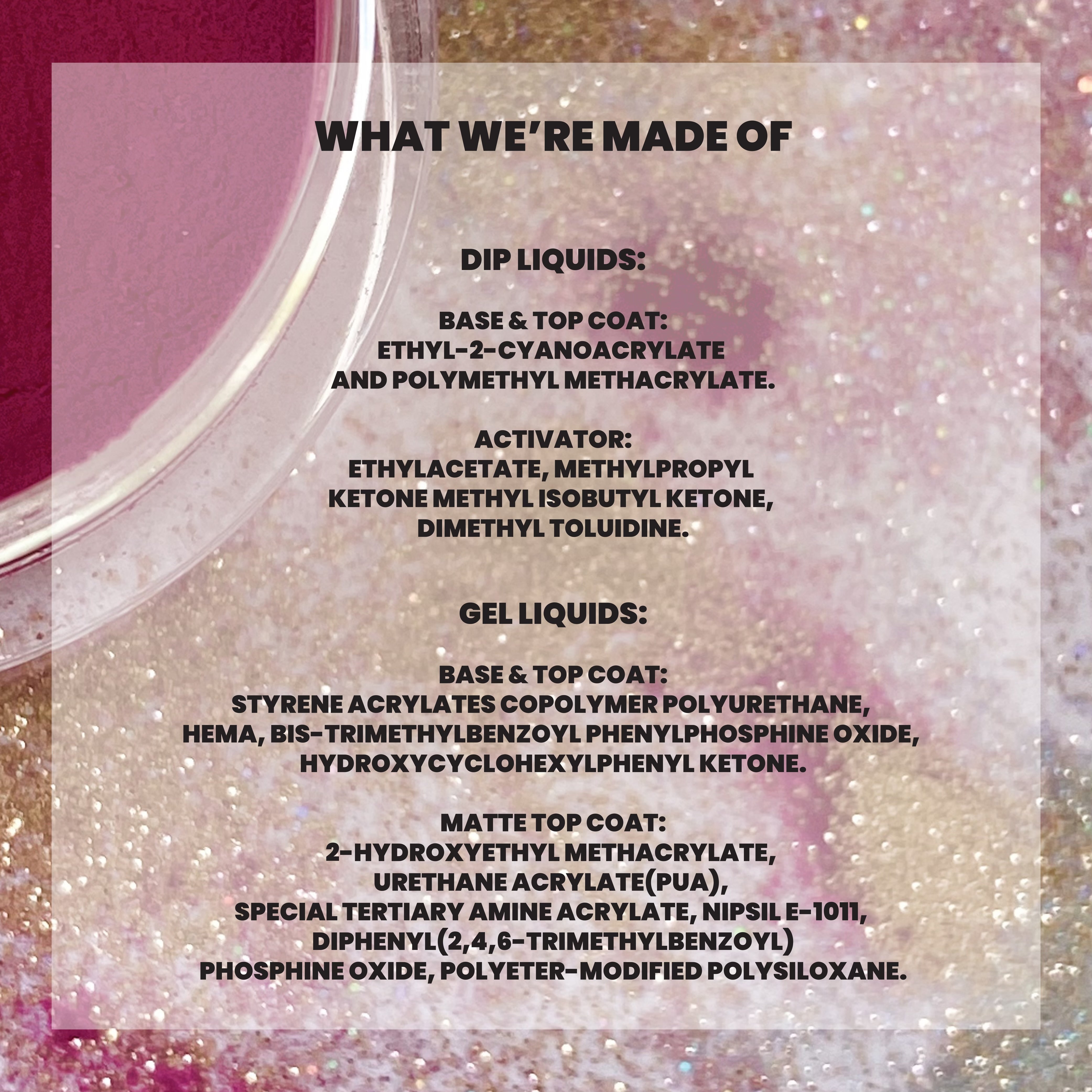 Set of Complete Dip Liquids with detailed ingredients list on a pink glittery background.