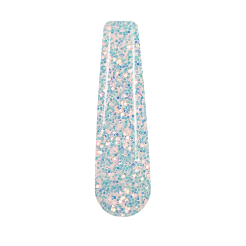 Iridescent white dip powder nail swatch with fine glitter shimmer.