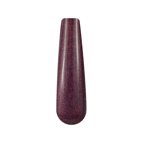 Rich burgundy dip powder with fine purple glitter shimmer on nail swatch stick.