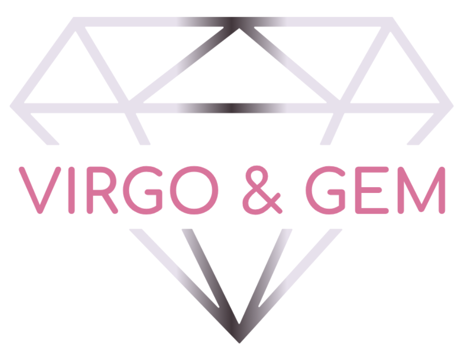 pink and silver virgo and gem logo on a white background 
