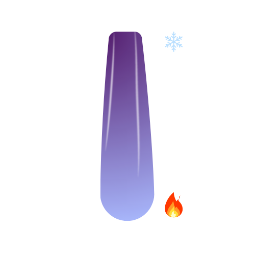Purple to blue ombre nail polish swatch with thermal color-changing effect icons.
