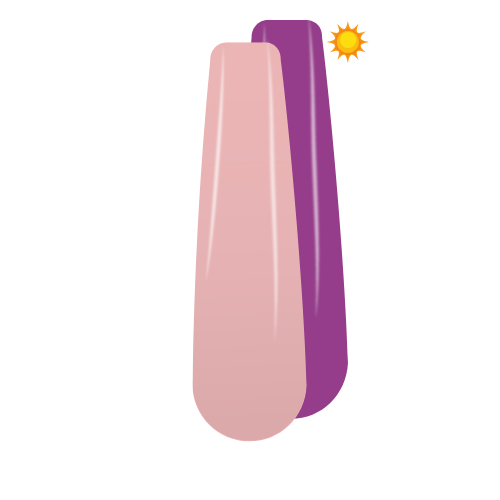 Side-by-side nail swatches of Summer Breeze sun changer dip powder in light pink and vibrant purple colors.