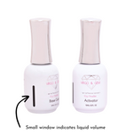 Set of two white dip liquid bottles with metallic pink caps, labeled Base Coat and Activator, each showing a small liquid.