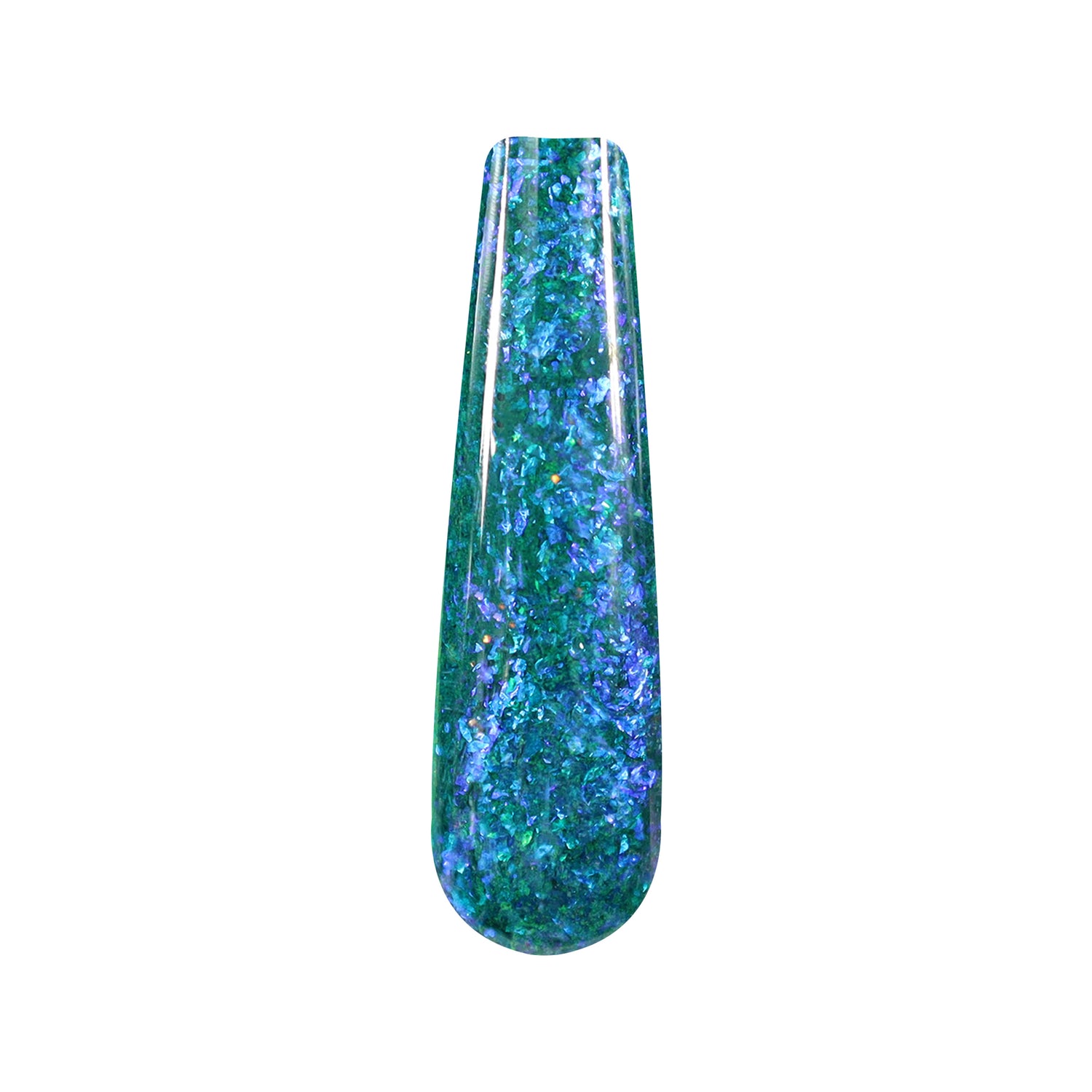 Teal dip powder nail swatch with blue and multicolor chameleon flakes and glitter.