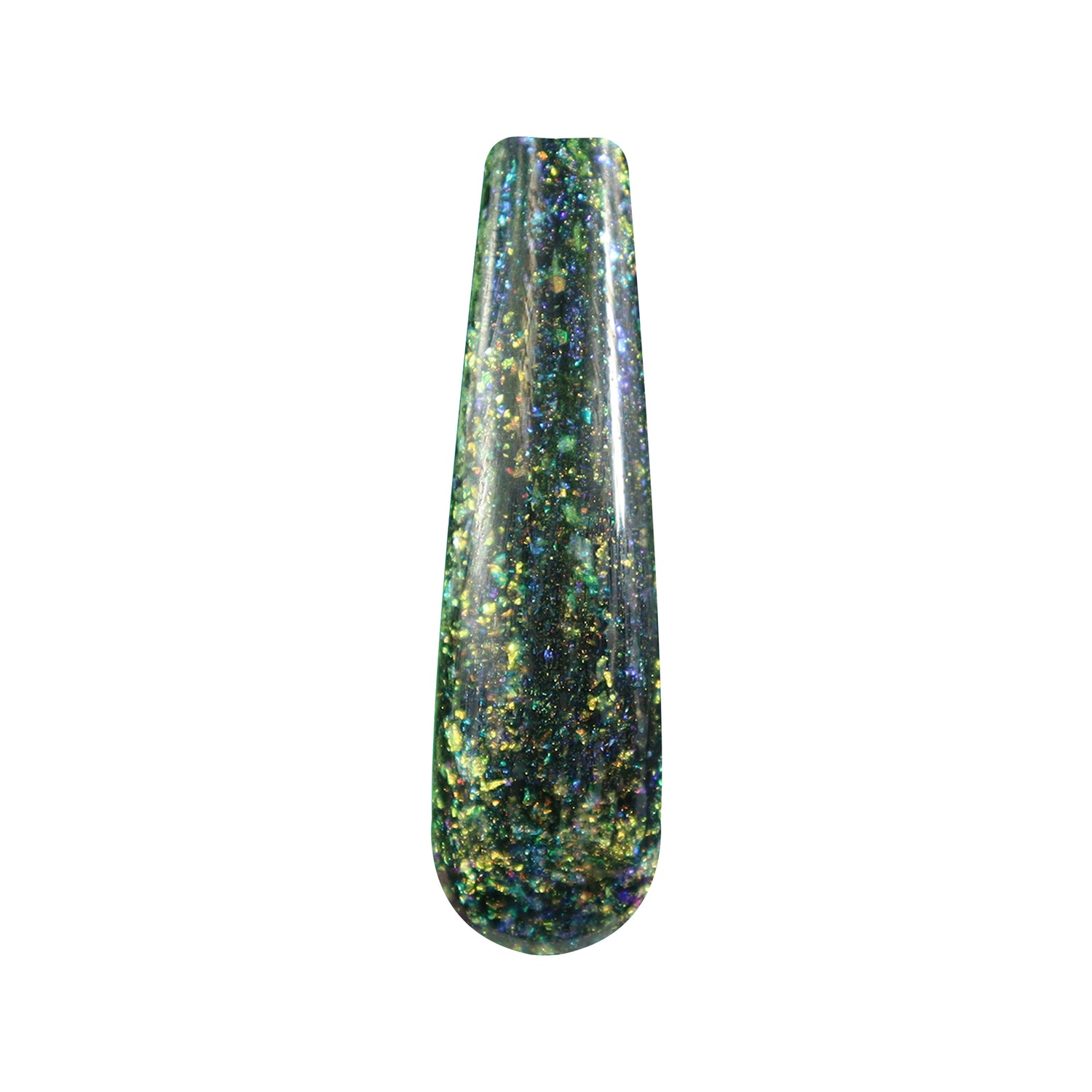 Black nail polish with multicolor chameleon flakes and shimmer in a glossy finish.