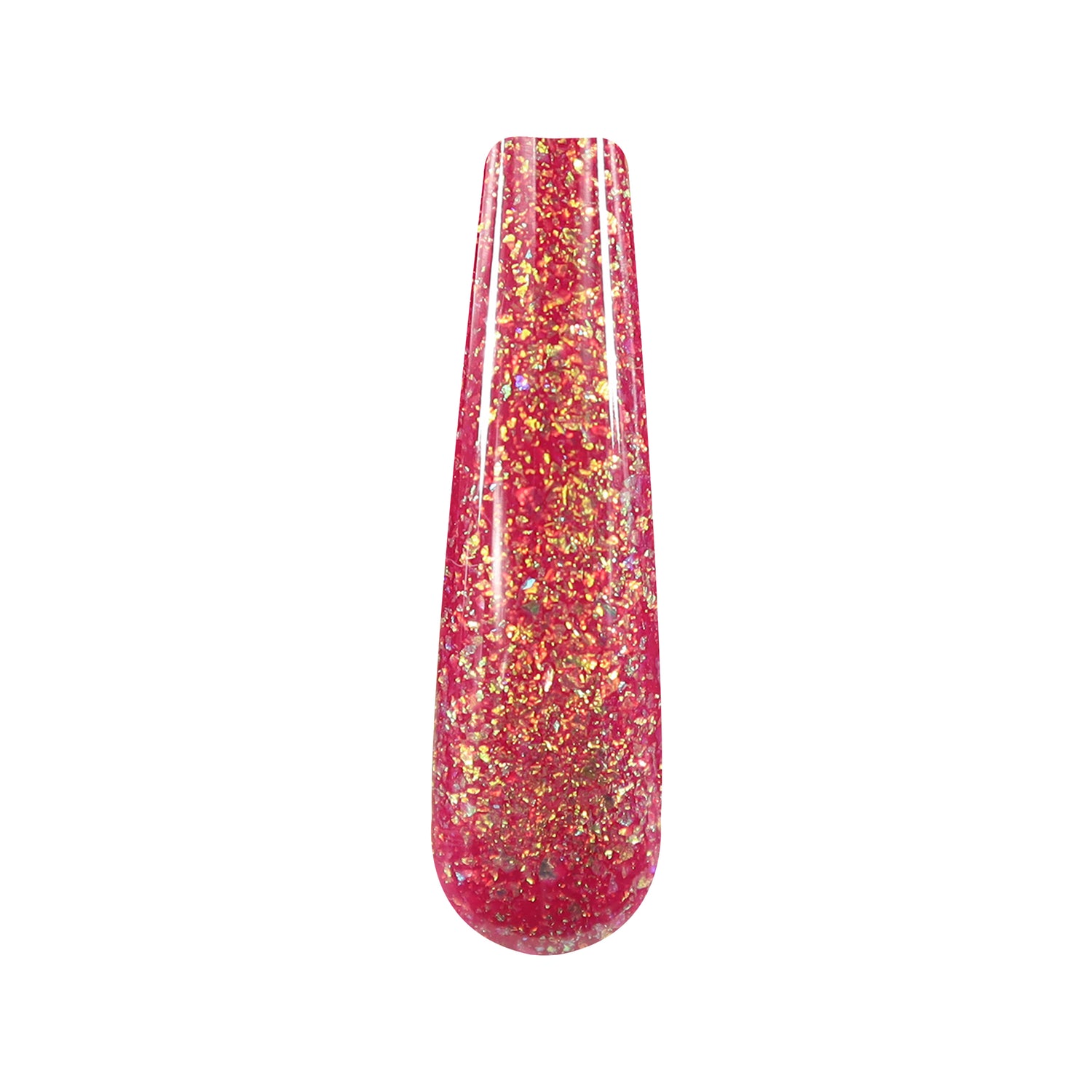 Glossy pink nail polish with multicolor chameleon flake glitter shimmer.