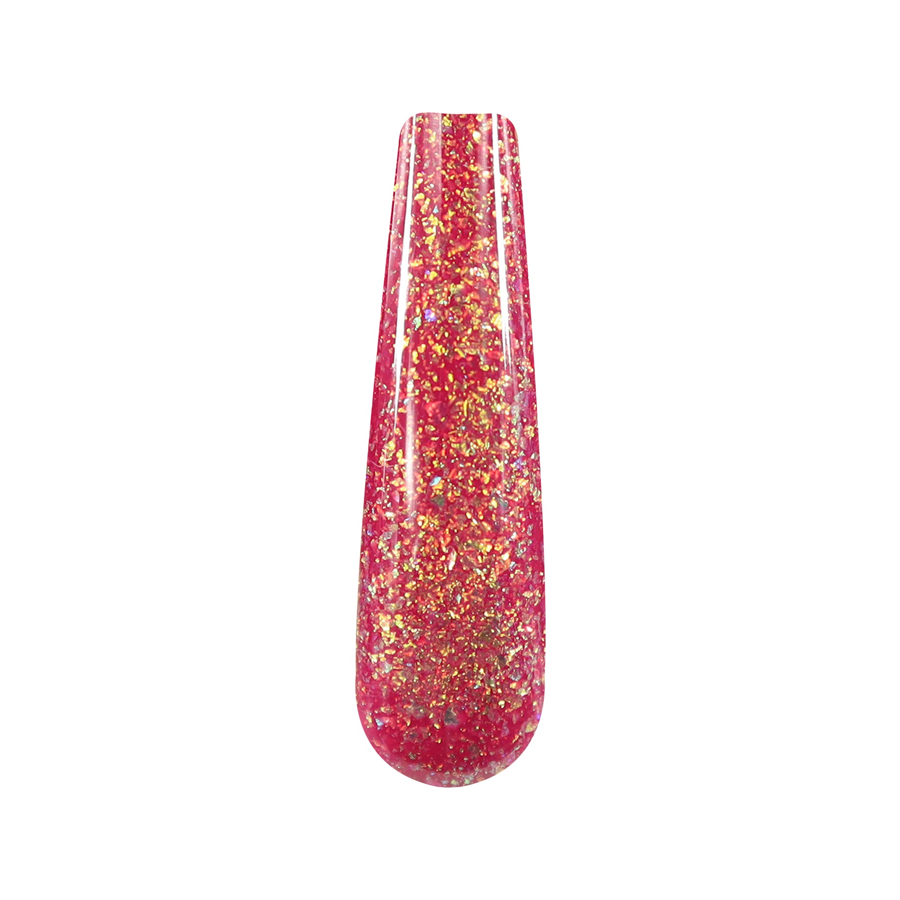 Glossy pink nail polish with multicolor chameleon flake glitter shimmer.