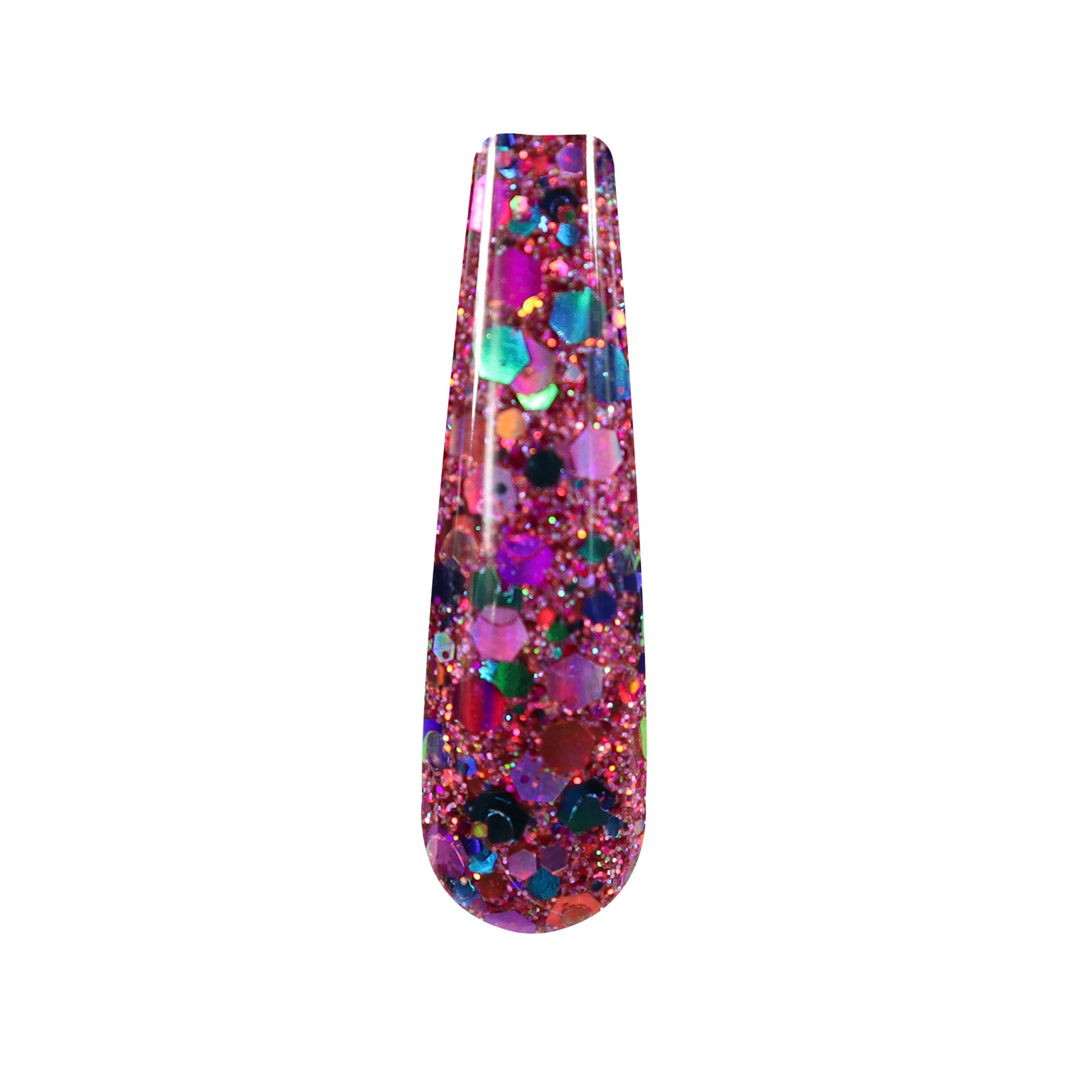 Teal, pink, purple chunky holographic glitter nail dip powder with multicolor confetti shapes.