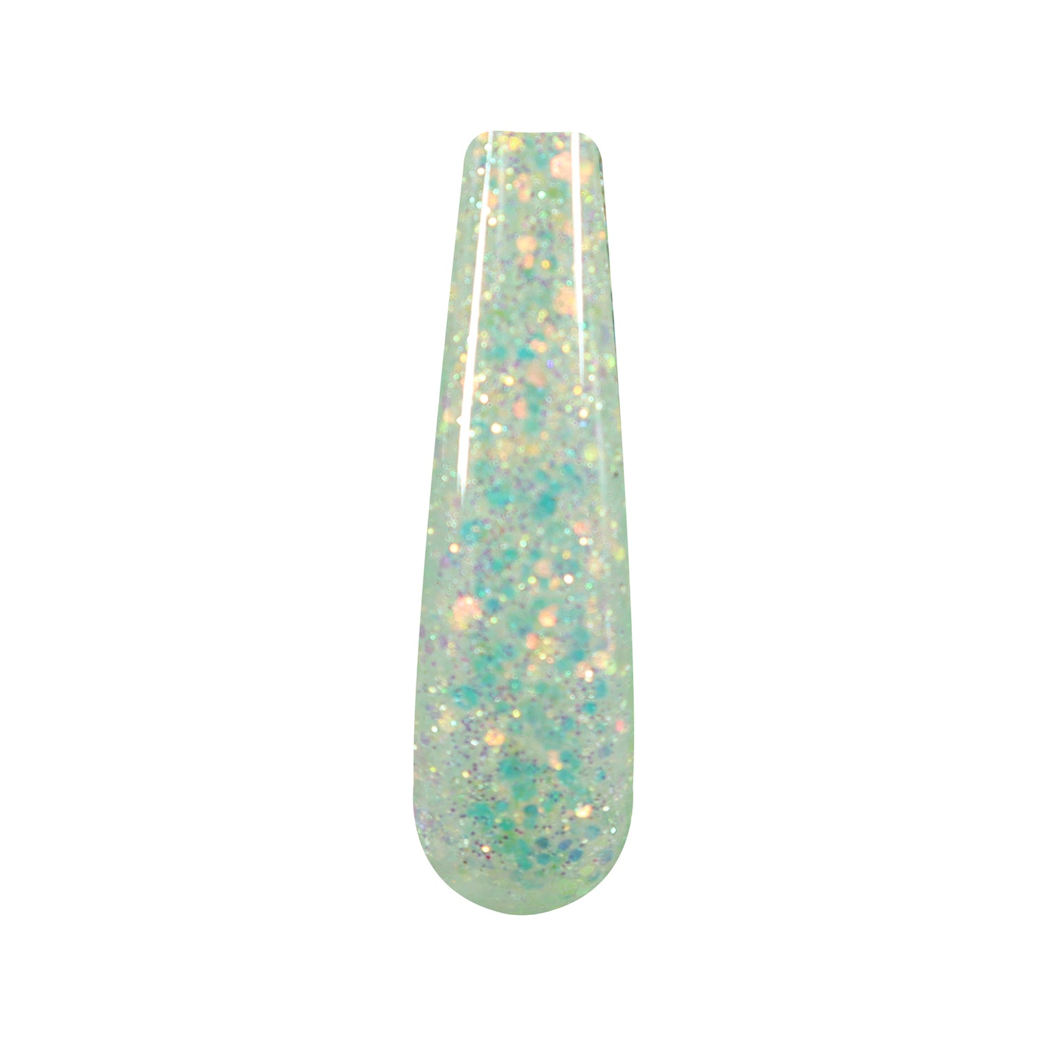 Long tapered nail swatch with chunky iridescent white glitter over a translucent base.