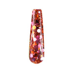 Glossy nail tip with chunky multicolor glitter in cranberry red, pink, and orange hues.