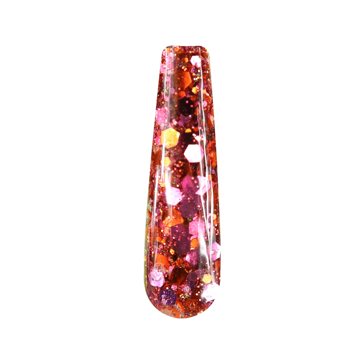 Glossy nail tip with chunky multicolor glitter in cranberry red, pink, and orange hues.