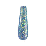 Blue holographic dip powder with chunky gold and iridescent glitter shimmer.