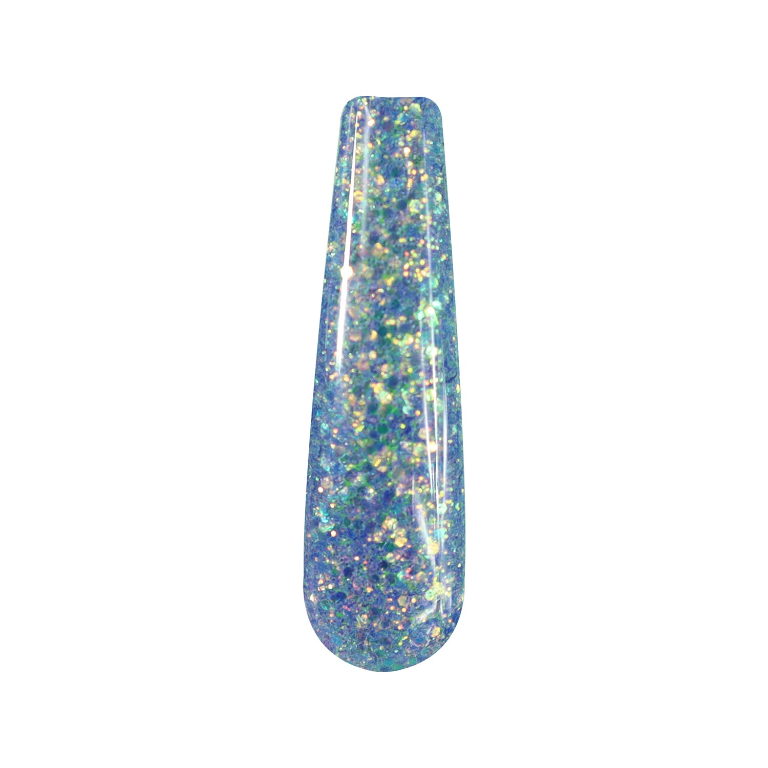 Blue holographic dip powder with chunky gold and iridescent glitter shimmer.