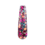Nail tip with chunky multicolor glitter in blue, pink, orange, and purple tones.